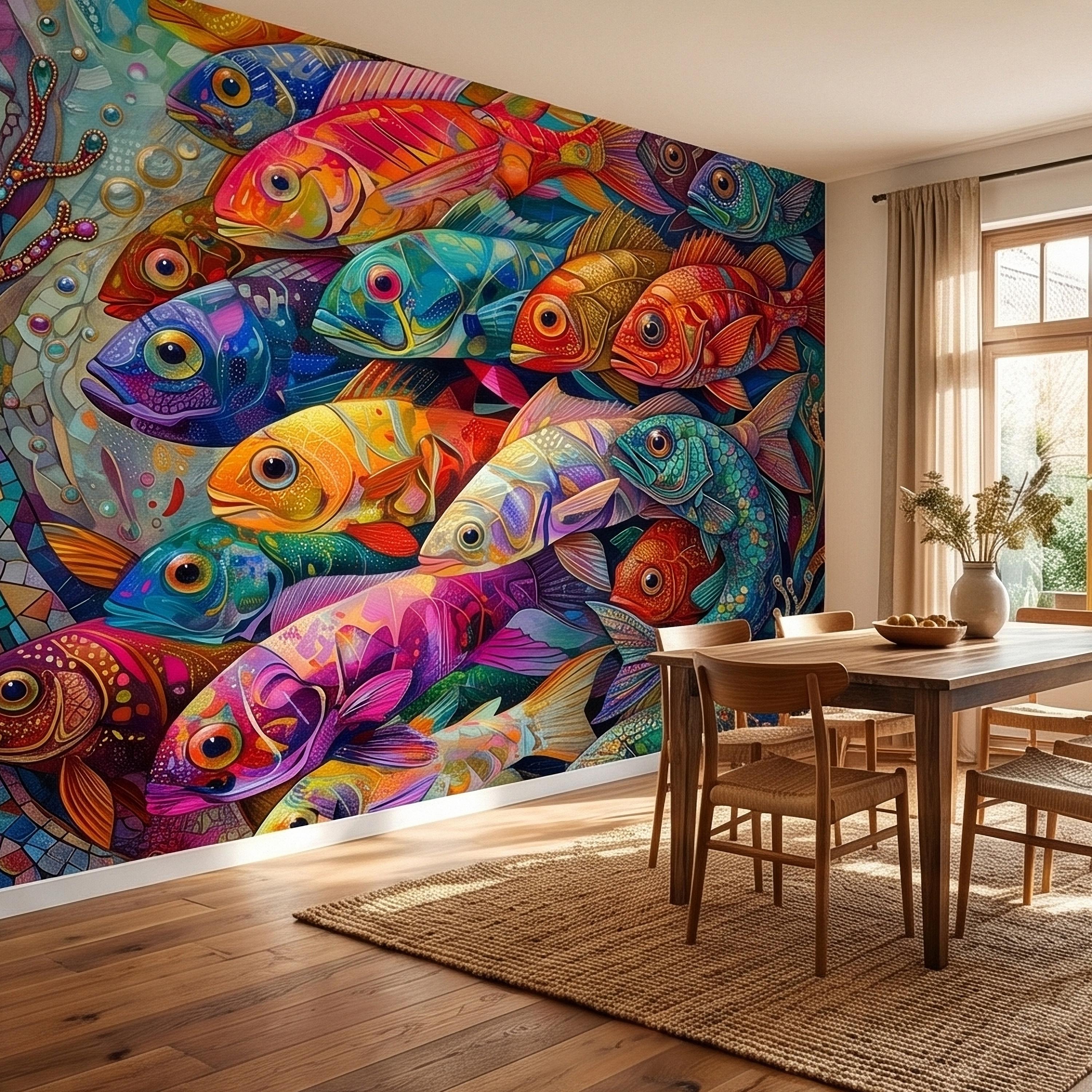 Colorful Tropical Fish Underwater Reef Peel and Stick Wall Mural, Vibrant Ocean Sea Life Illustration Collage, Nautical Coastal Wallpaper