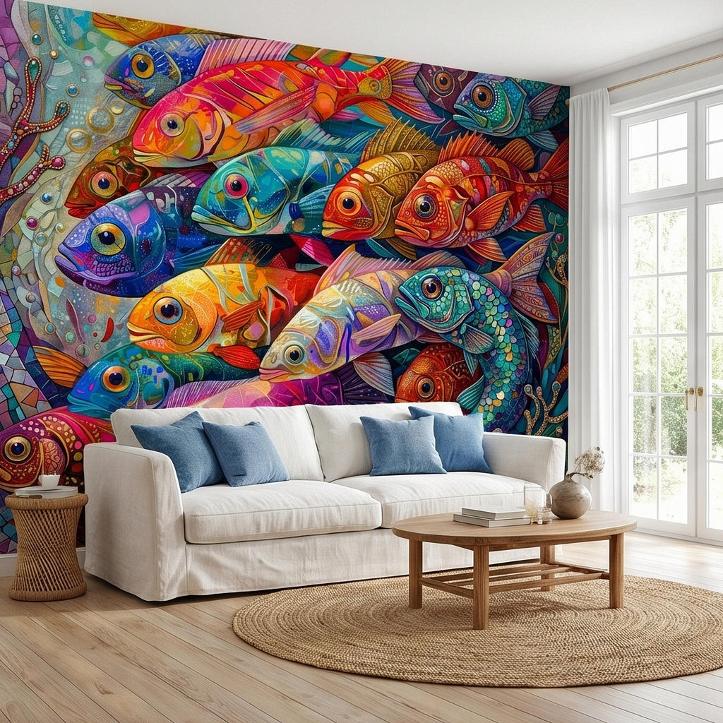 Colorful Tropical Fish Underwater Reef Peel and Stick Wall Mural, Vibrant Ocean Sea Life Illustration Collage, Nautical Coastal Wallpaper