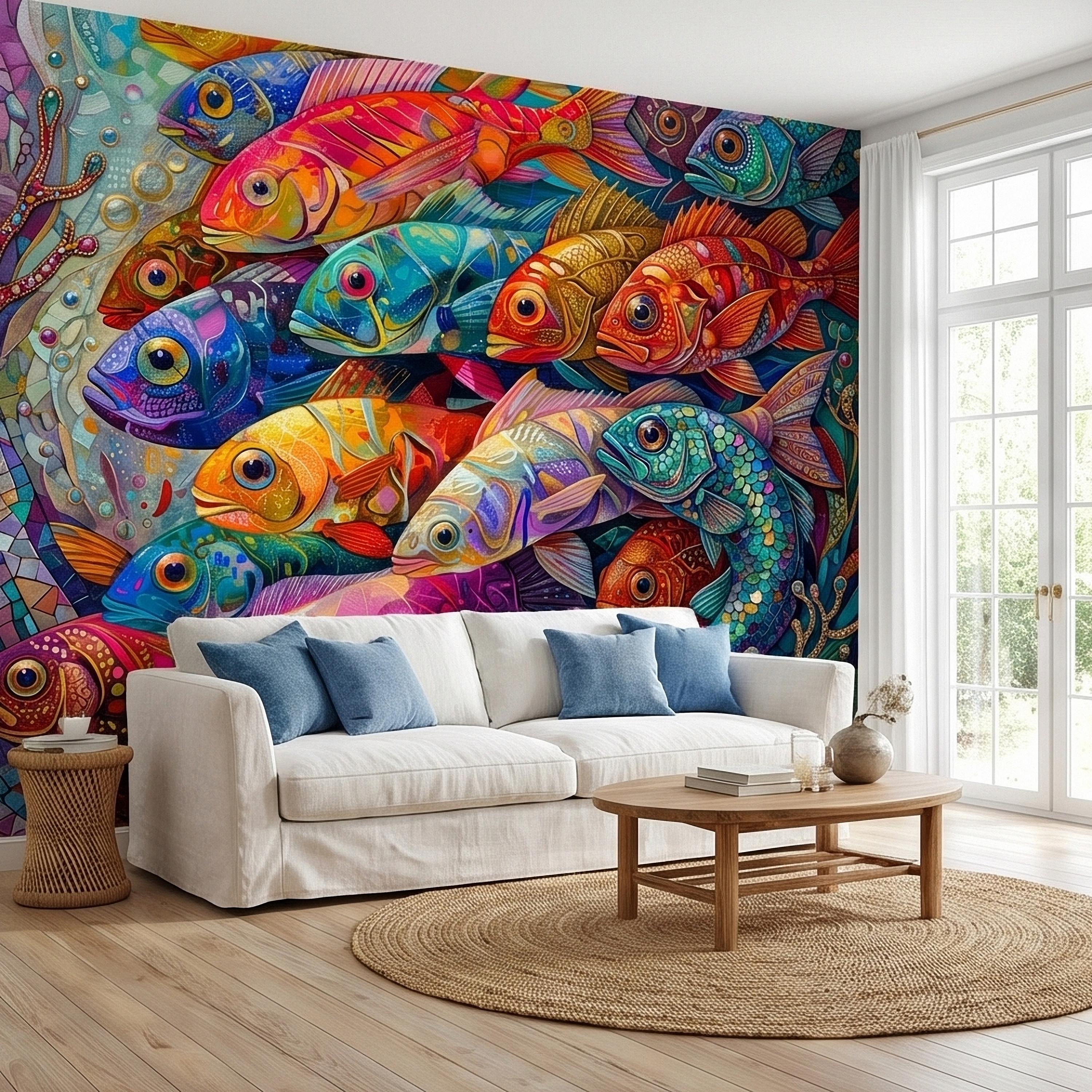 Colorful Tropical Fish Underwater Reef Peel and Stick Wall Mural, Vibrant Ocean Sea Life Illustration Collage, Nautical Coastal Wallpaper
