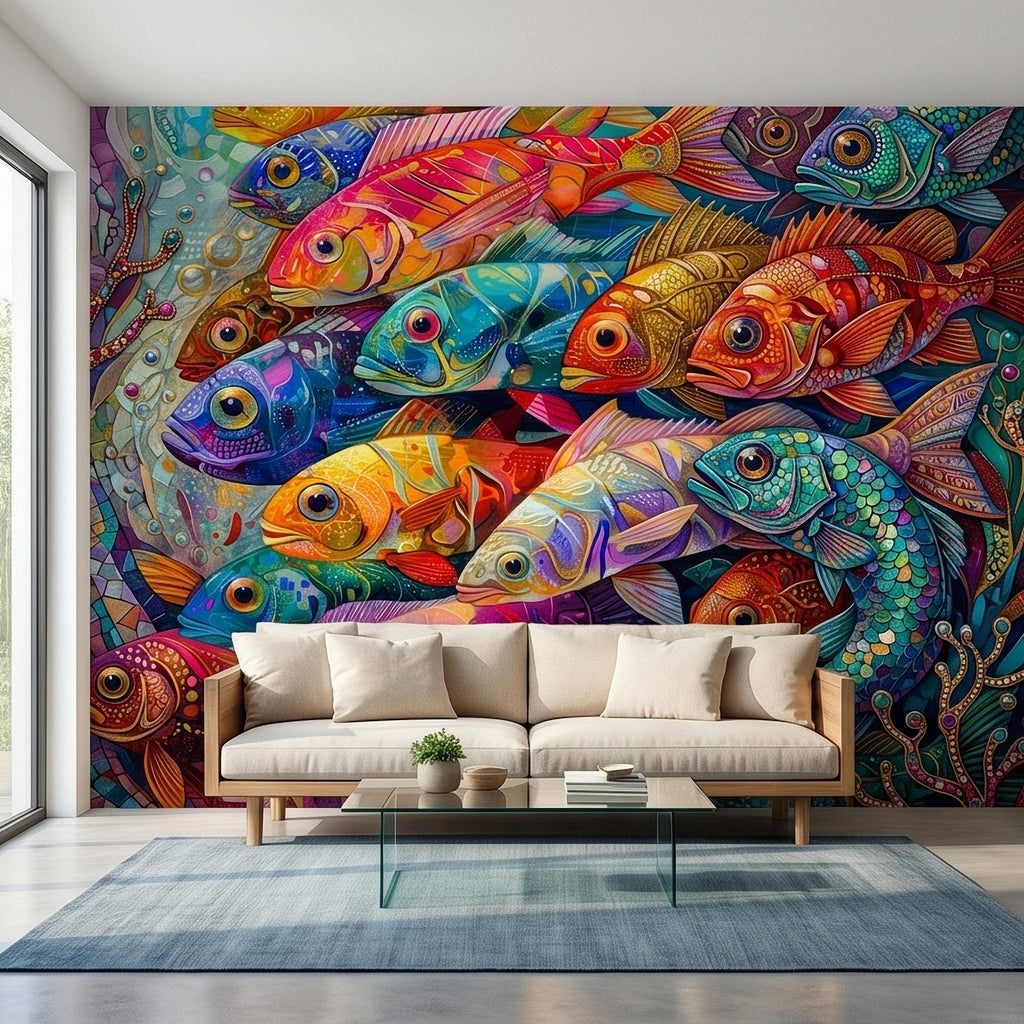 Colorful Tropical Fish Underwater Reef Peel and Stick Wall Mural, Vibrant Ocean Sea Life Illustration Collage, Nautical Coastal Wallpaper