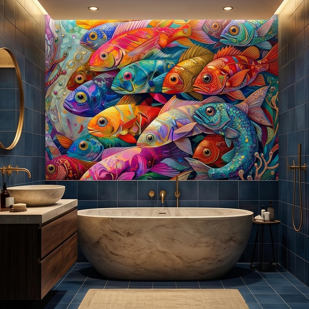 Colorful Tropical Fish Underwater Reef Peel and Stick Wall Mural, Vibrant Ocean Sea Life Illustration Collage, Nautical Coastal Wallpaper