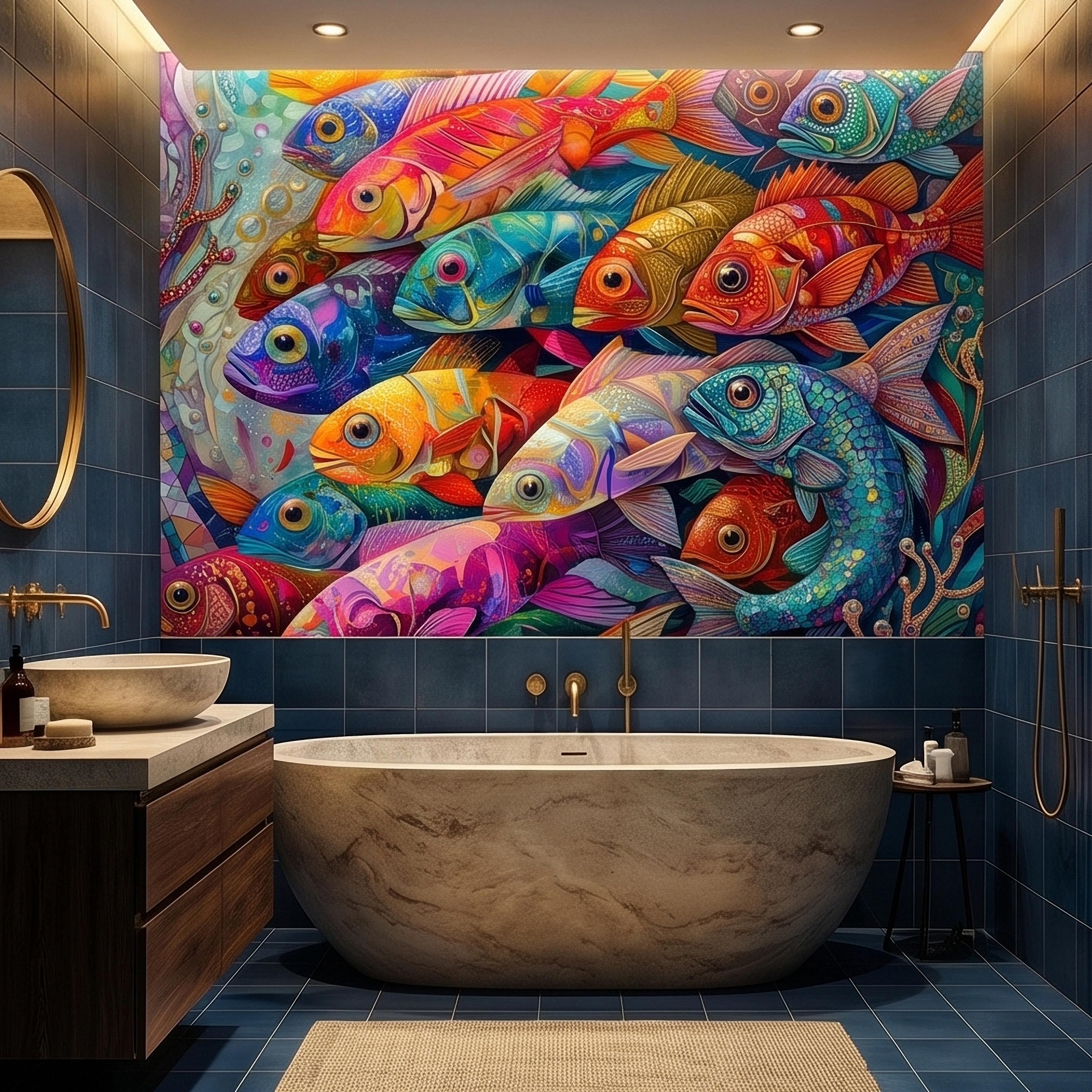 Colorful Tropical Fish Underwater Reef Peel and Stick Wall Mural, Vibrant Ocean Sea Life Illustration Collage, Nautical Coastal Wallpaper