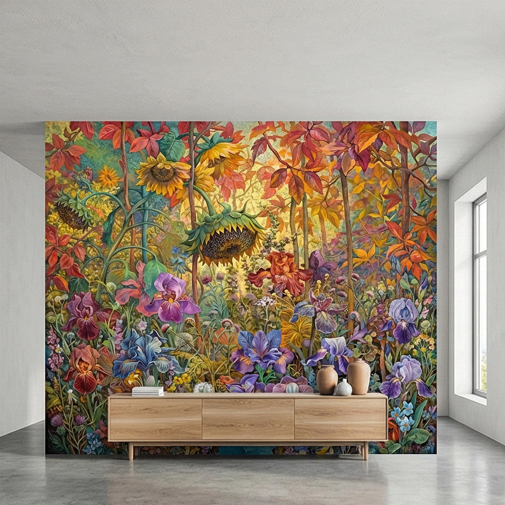 Colorful Floral Peel and Stick Wall Mural, Wild Garden Botanical, Painterly Iris Sunflower Bloom, Maximalist Nature Wallpaper