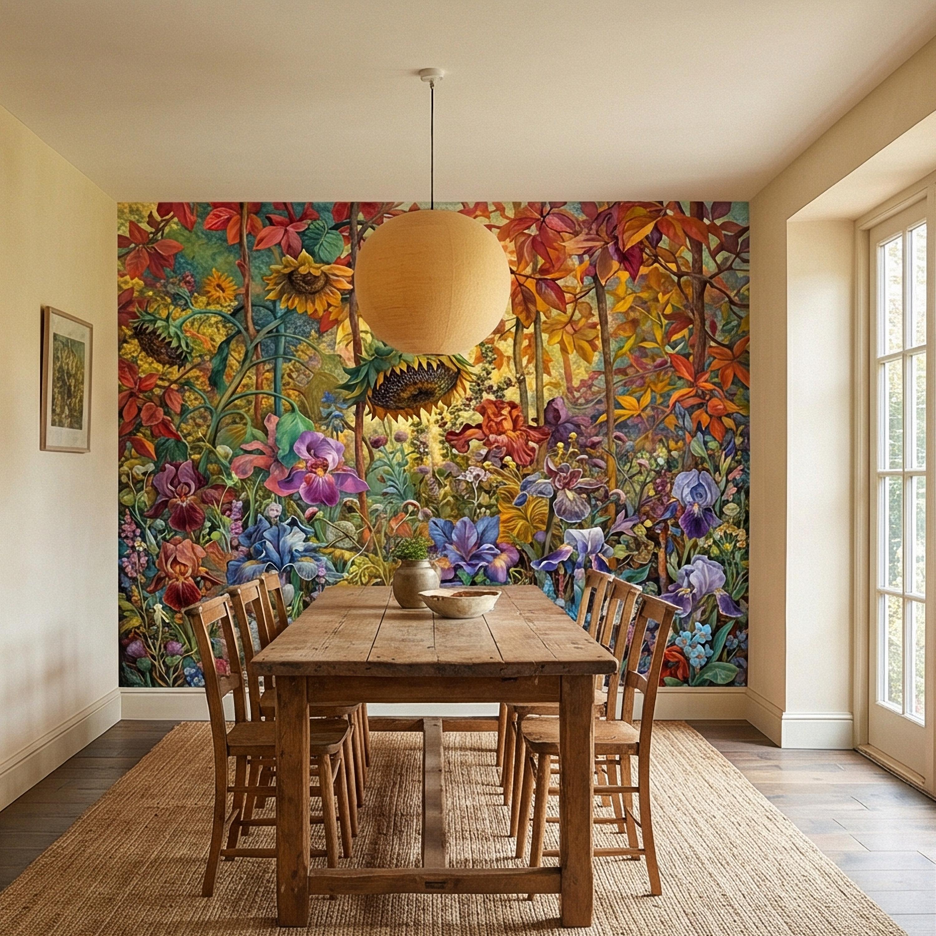 Colorful Floral Peel and Stick Wall Mural, Wild Garden Botanical, Painterly Iris Sunflower Bloom, Maximalist Nature Wallpaper
