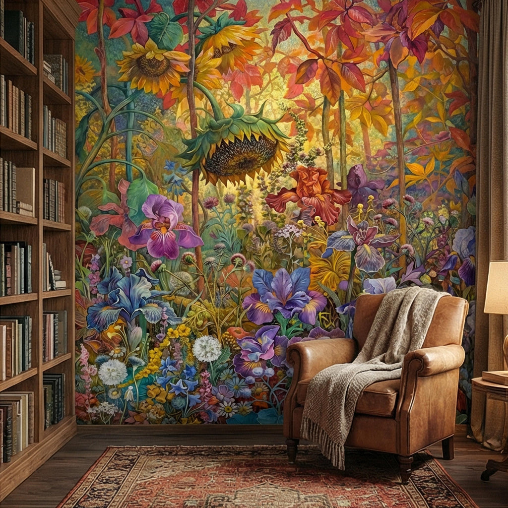 Colorful Floral Peel and Stick Wall Mural, Wild Garden Botanical, Painterly Iris Sunflower Bloom, Maximalist Nature Wallpaper