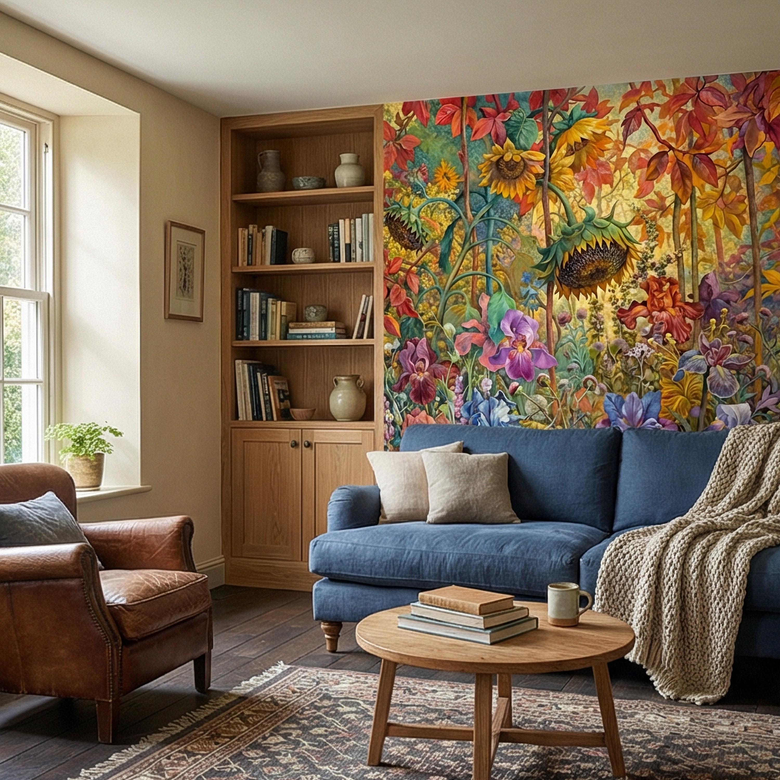 Colorful Floral Peel and Stick Wall Mural, Wild Garden Botanical, Painterly Iris Sunflower Bloom, Maximalist Nature Wallpaper