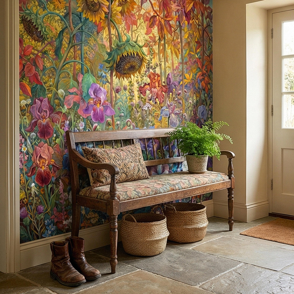 Colorful Floral Peel and Stick Wall Mural, Wild Garden Botanical, Painterly Iris Sunflower Bloom, Maximalist Nature Wallpaper