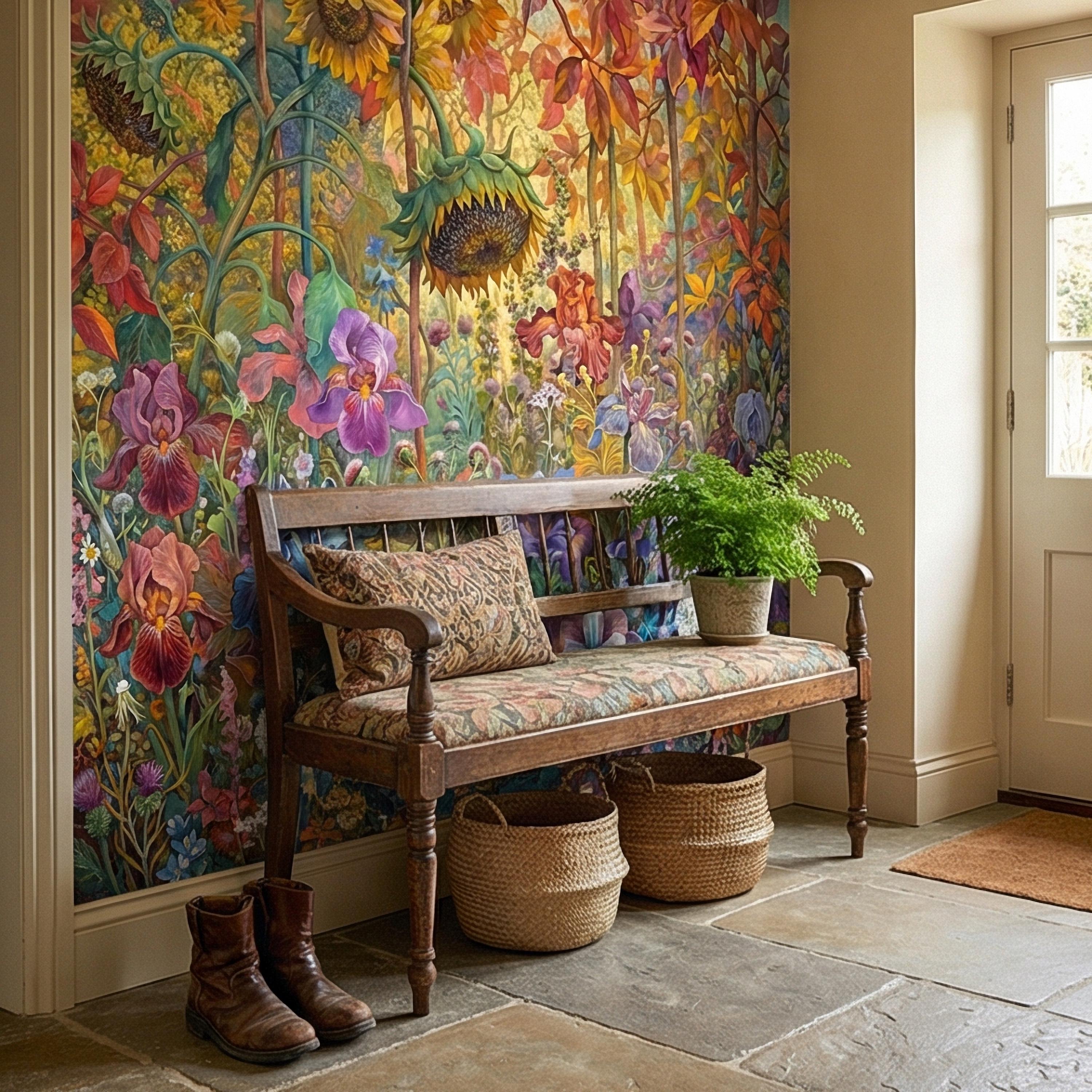 Colorful Floral Peel and Stick Wall Mural, Wild Garden Botanical, Painterly Iris Sunflower Bloom, Maximalist Nature Wallpaper