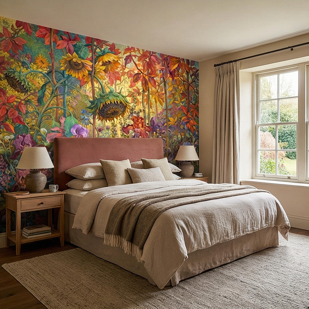 Colorful Floral Peel and Stick Wall Mural, Wild Garden Botanical, Painterly Iris Sunflower Bloom, Maximalist Nature Wallpaper