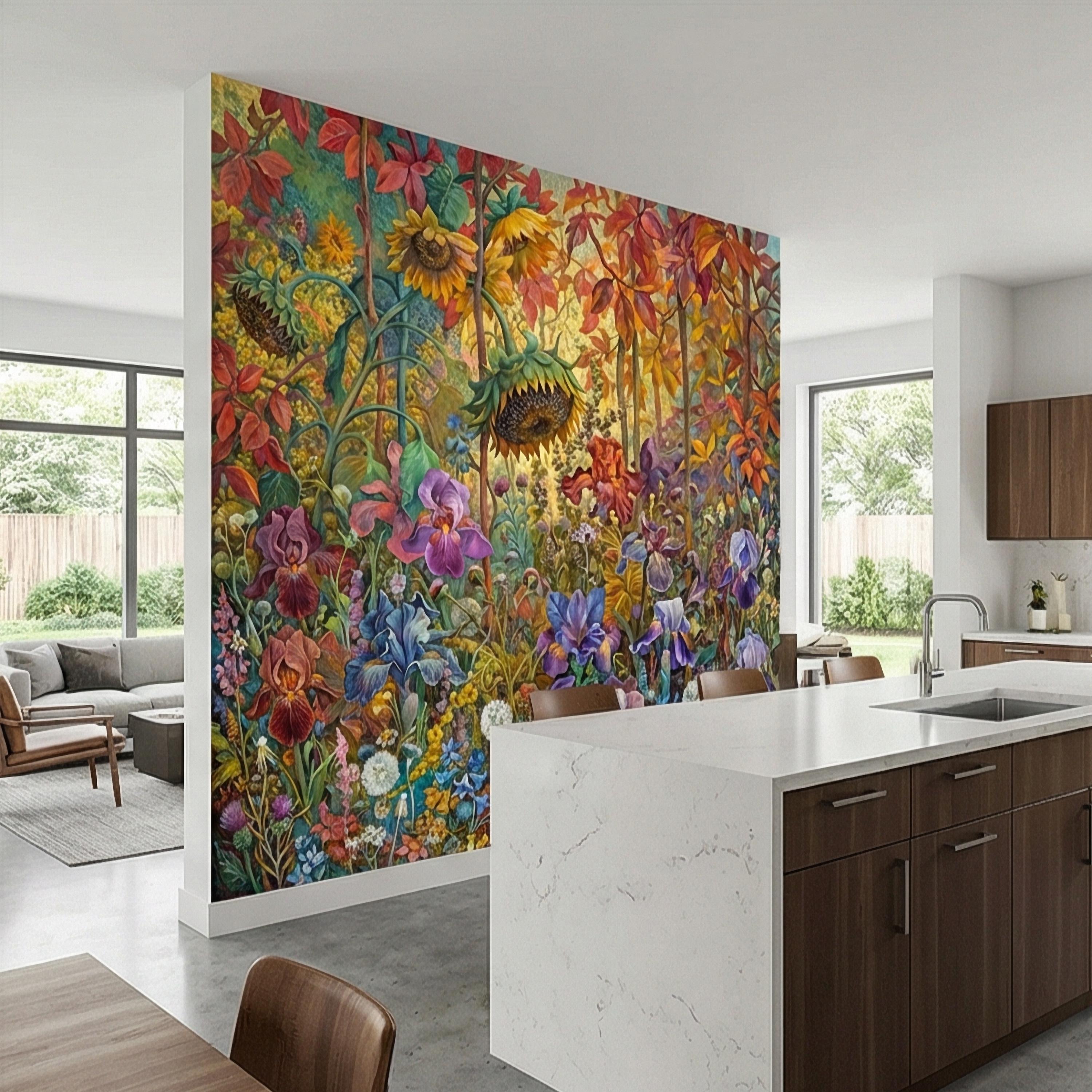 Colorful Floral Peel and Stick Wall Mural, Wild Garden Botanical, Painterly Iris Sunflower Bloom, Maximalist Nature Wallpaper