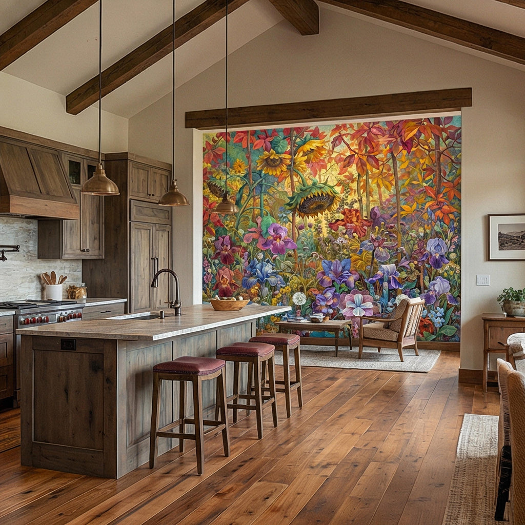 Colorful Floral Peel and Stick Wall Mural, Wild Garden Botanical, Painterly Iris Sunflower Bloom, Maximalist Nature Wallpaper