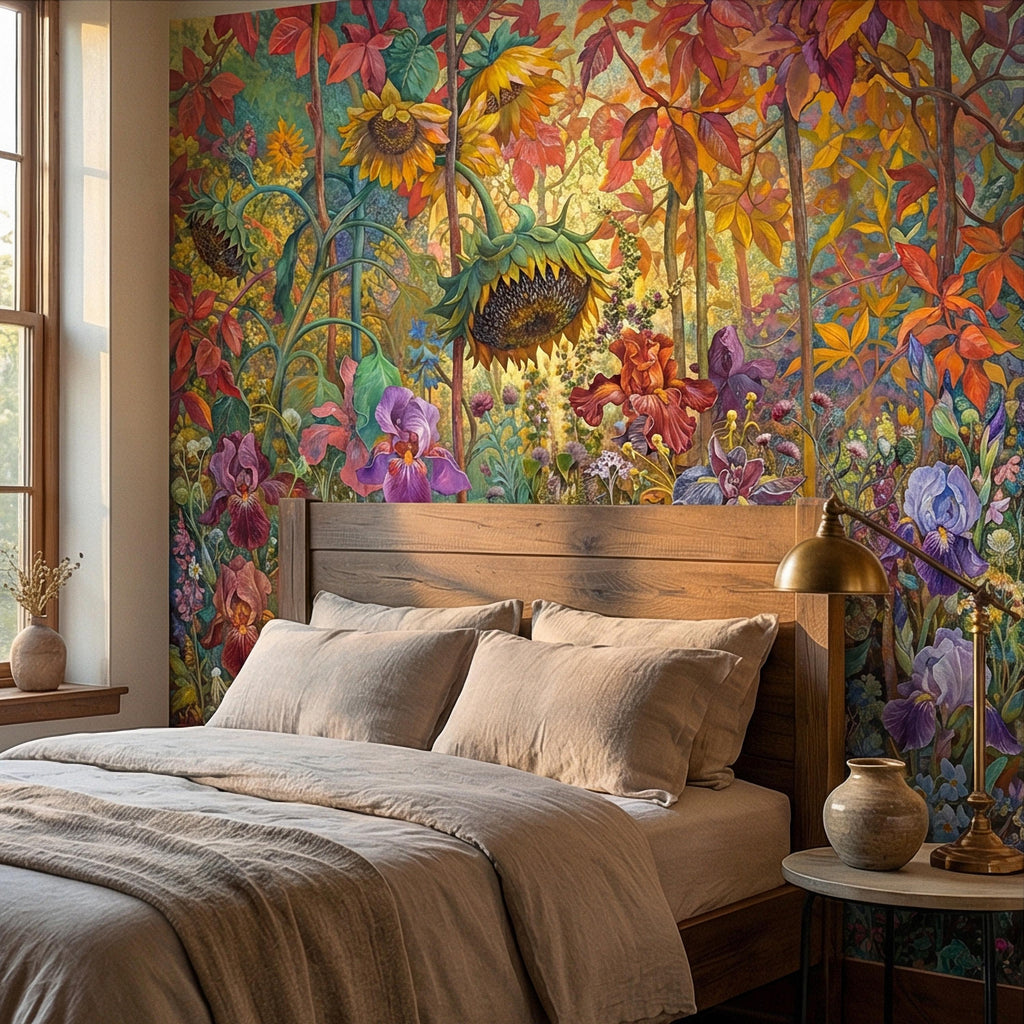 Colorful Floral Peel and Stick Wall Mural, Wild Garden Botanical, Painterly Iris Sunflower Bloom, Maximalist Nature Wallpaper