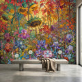 Colorful Floral Peel and Stick Wall Mural, Wild Garden Botanical, Painterly Iris Sunflower Bloom, Maximalist Nature Wallpaper