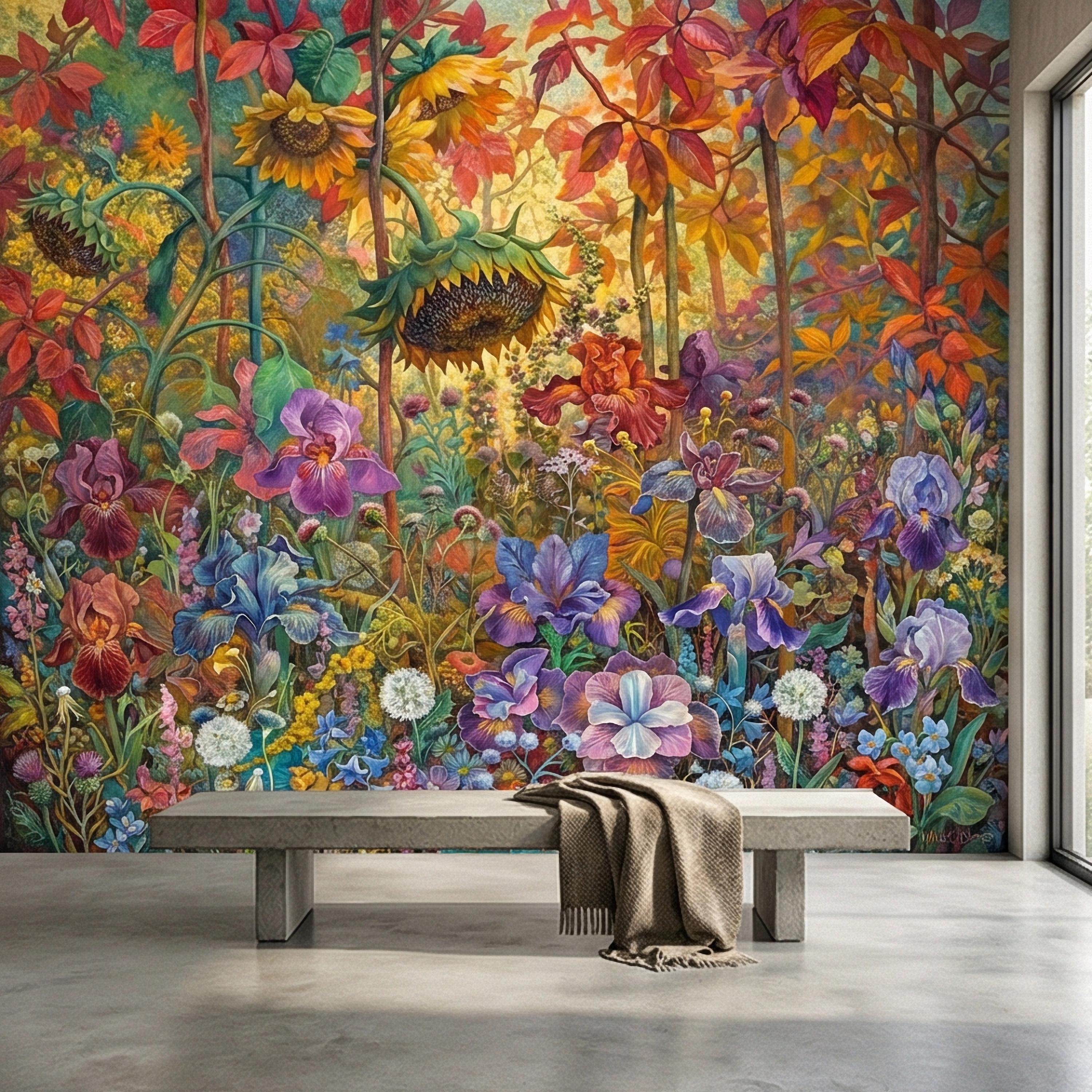 Colorful Floral Peel and Stick Wall Mural, Wild Garden Botanical, Painterly Iris Sunflower Bloom, Maximalist Nature Wallpaper