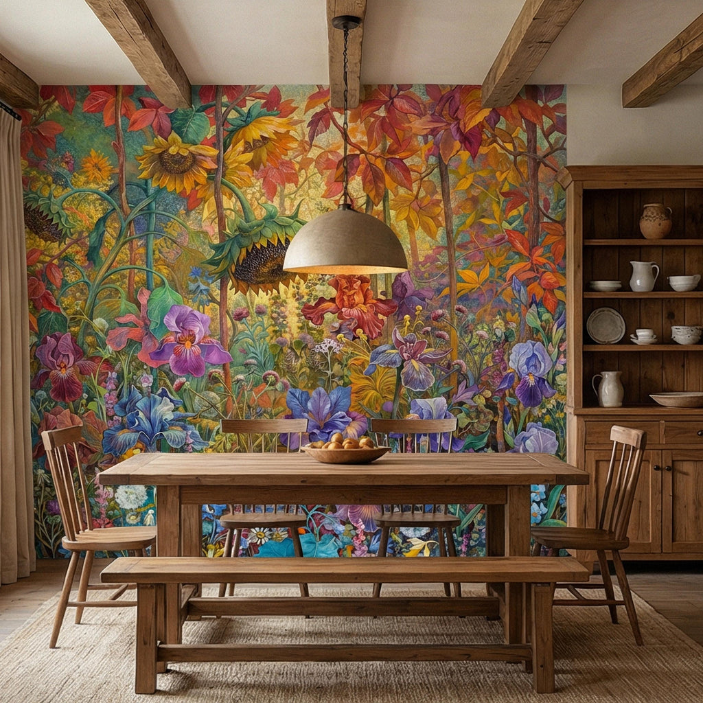 Colorful Floral Peel and Stick Wall Mural, Wild Garden Botanical, Painterly Iris Sunflower Bloom, Maximalist Nature Wallpaper