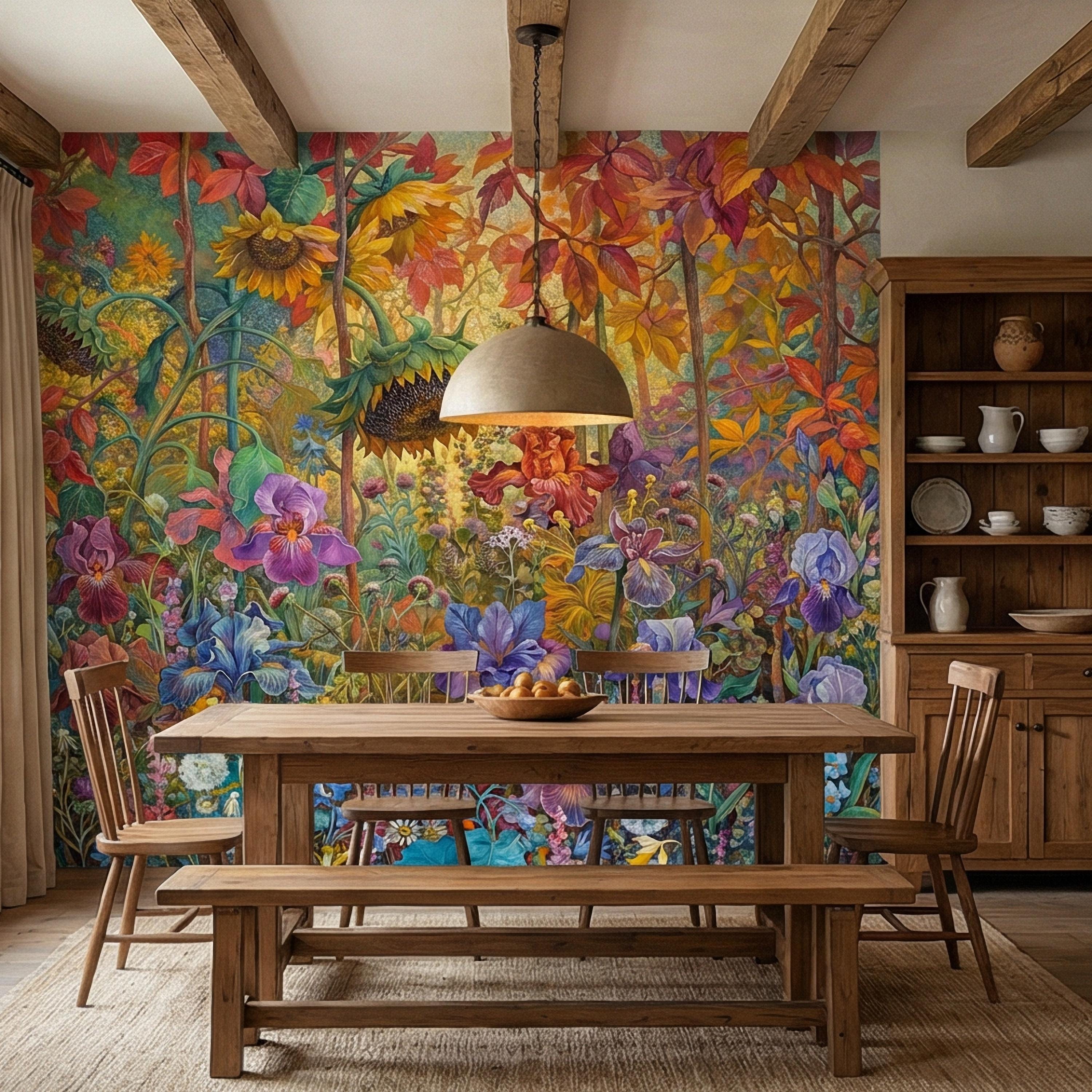 Colorful Floral Peel and Stick Wall Mural, Wild Garden Botanical, Painterly Iris Sunflower Bloom, Maximalist Nature Wallpaper