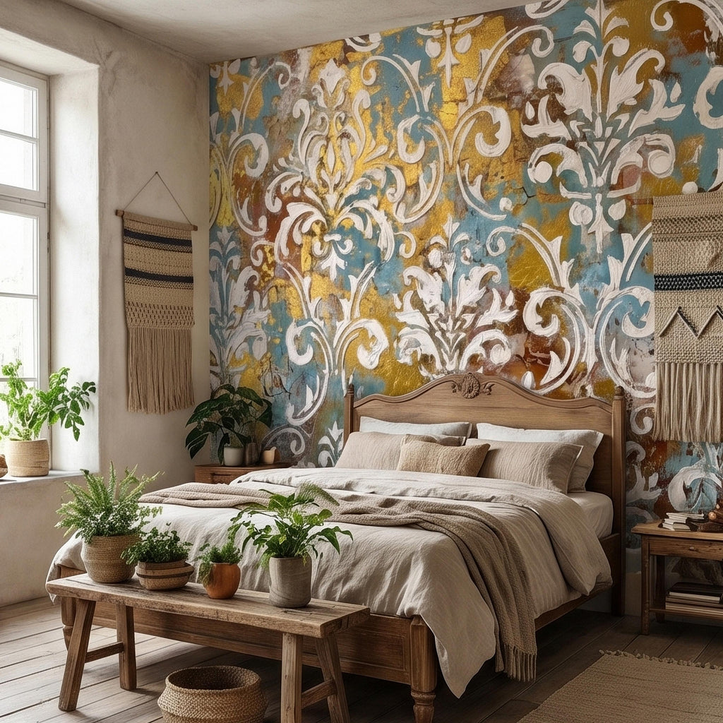 Vintage Baroque Damask Peel and Stick Wall Mural, Teal Blue Gilded Gold Leaf Ornate Scroll Pattern, Distressed Antique Style Wallpaper