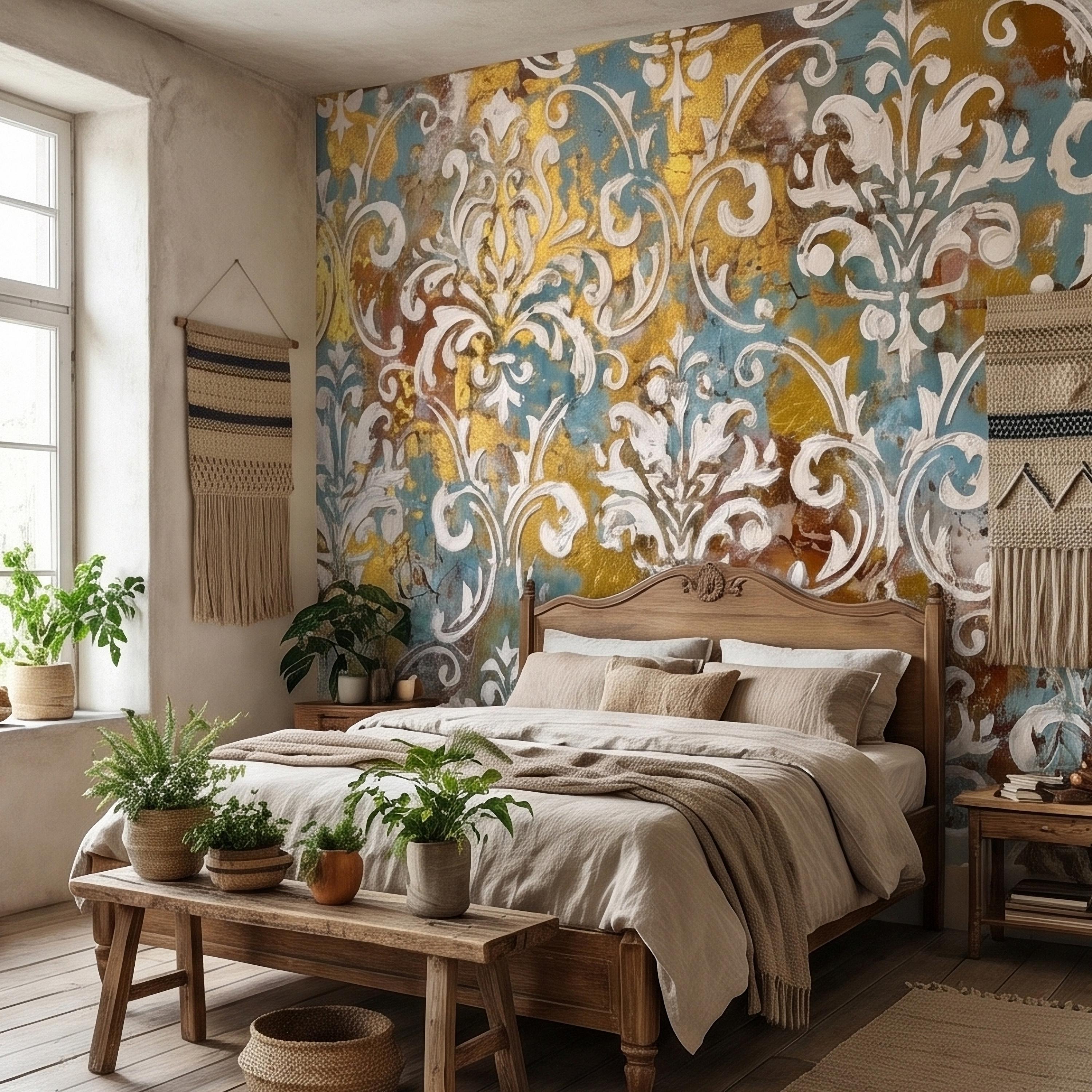 Vintage Baroque Damask Peel and Stick Wall Mural, Teal Blue Gilded Gold Leaf Ornate Scroll Pattern, Distressed Antique Style Wallpaper