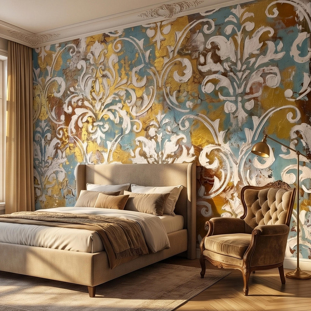 Vintage Baroque Damask Peel and Stick Wall Mural, Teal Blue Gilded Gold Leaf Ornate Scroll Pattern, Distressed Antique Style Wallpaper