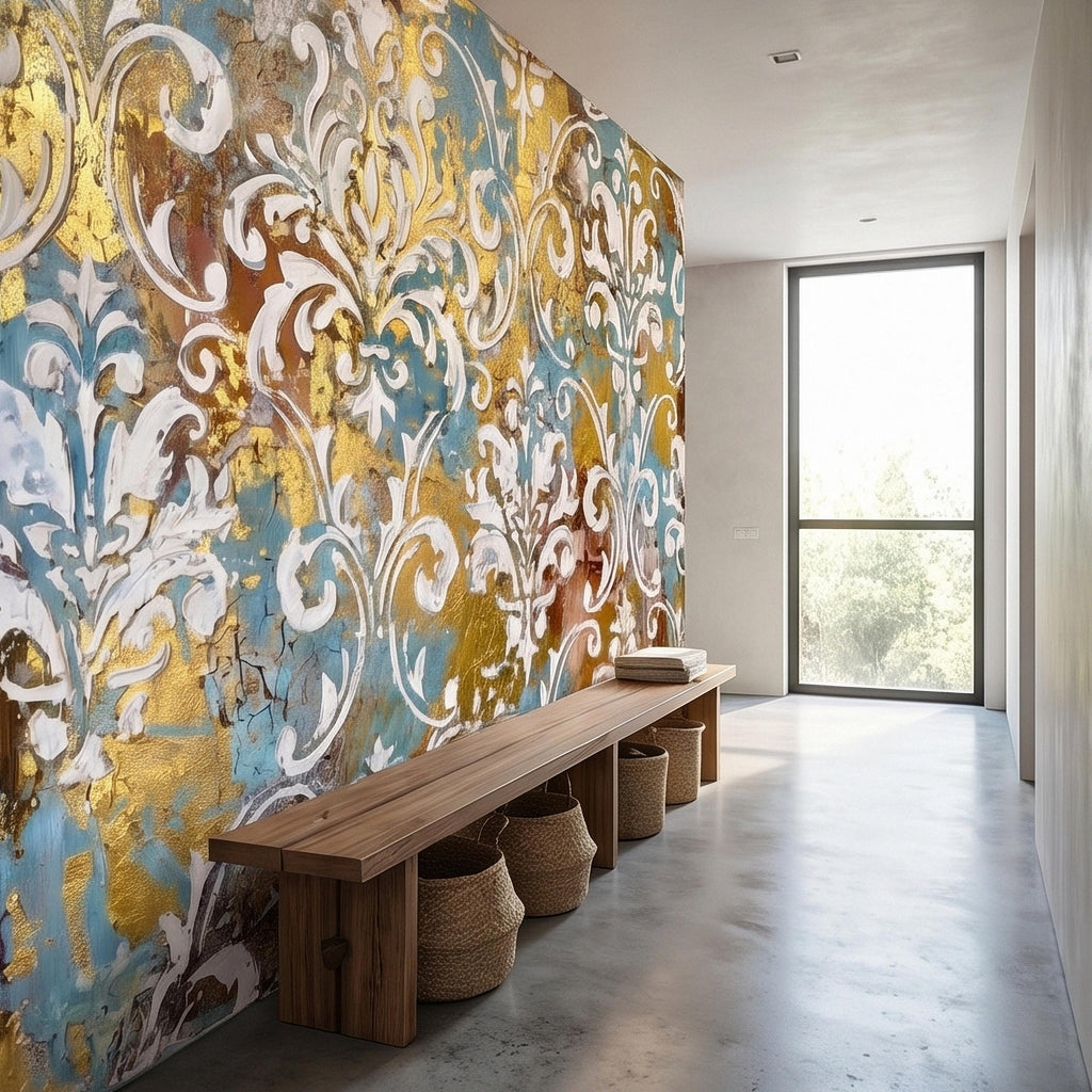 Vintage Baroque Damask Peel and Stick Wall Mural, Teal Blue Gilded Gold Leaf Ornate Scroll Pattern, Distressed Antique Style Wallpaper