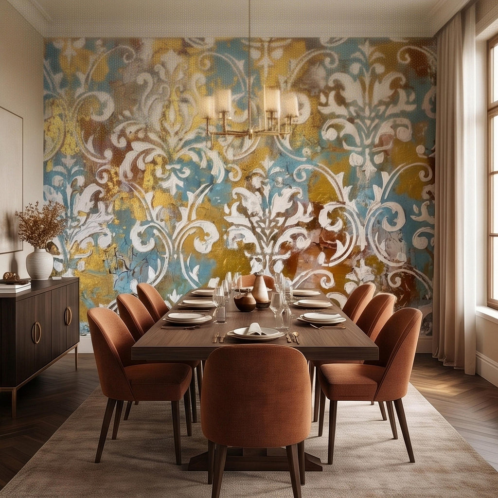 Vintage Baroque Damask Peel and Stick Wall Mural, Teal Blue Gilded Gold Leaf Ornate Scroll Pattern, Distressed Antique Style Wallpaper