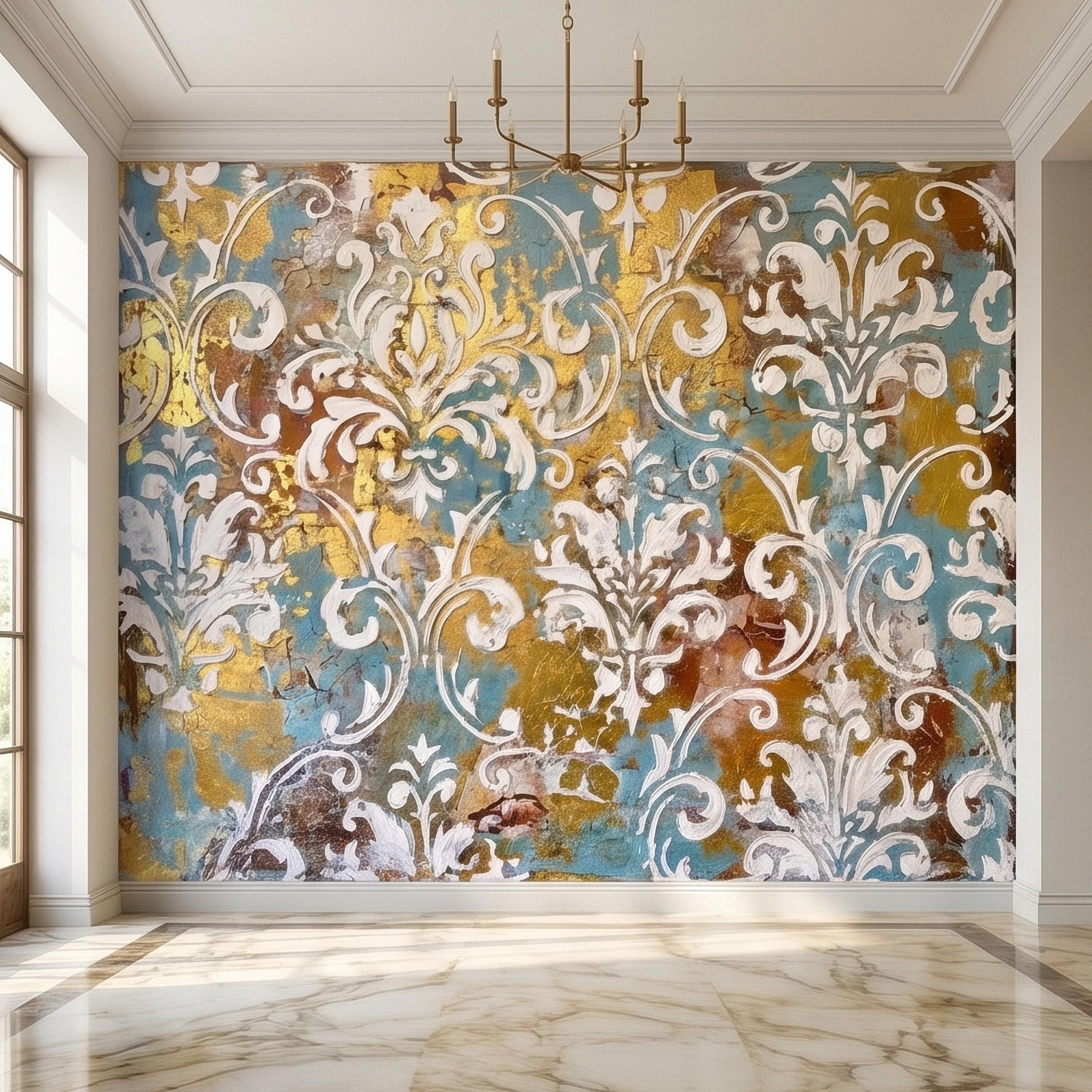 Vintage Baroque Damask Peel and Stick Wall Mural, Teal Blue Gilded Gold Leaf Ornate Scroll Pattern, Distressed Antique Style Wallpaper