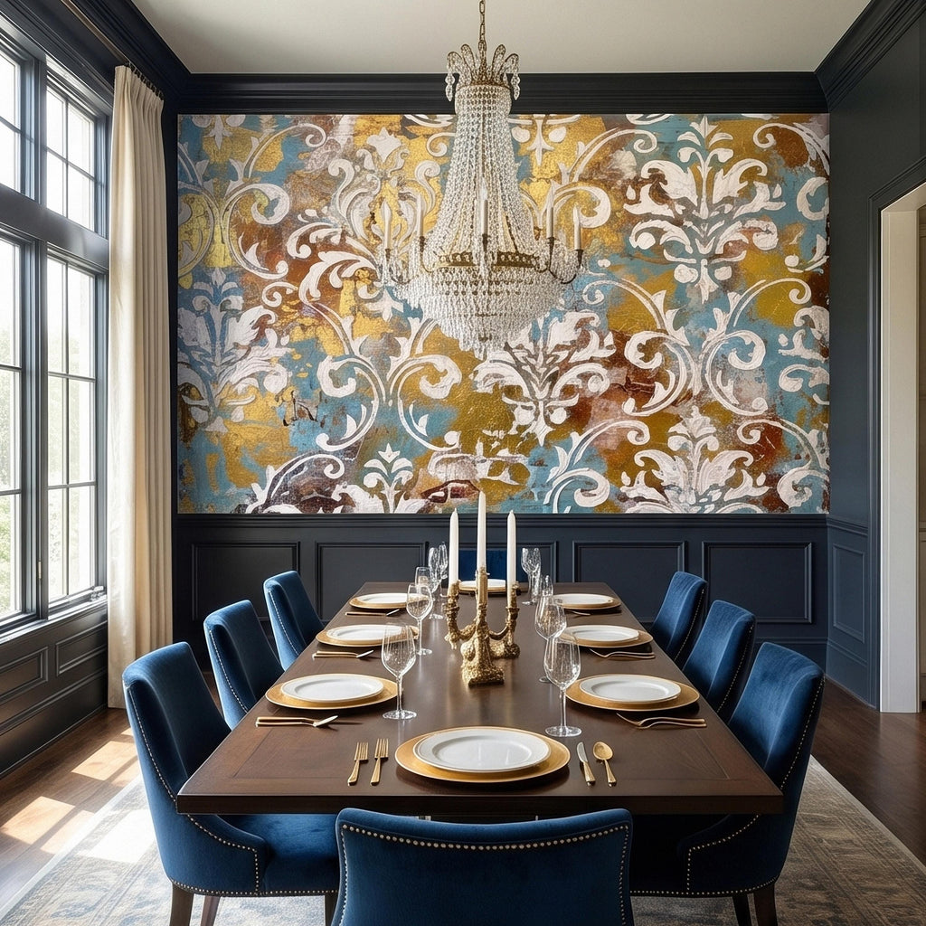 Vintage Baroque Damask Peel and Stick Wall Mural, Teal Blue Gilded Gold Leaf Ornate Scroll Pattern, Distressed Antique Style Wallpaper