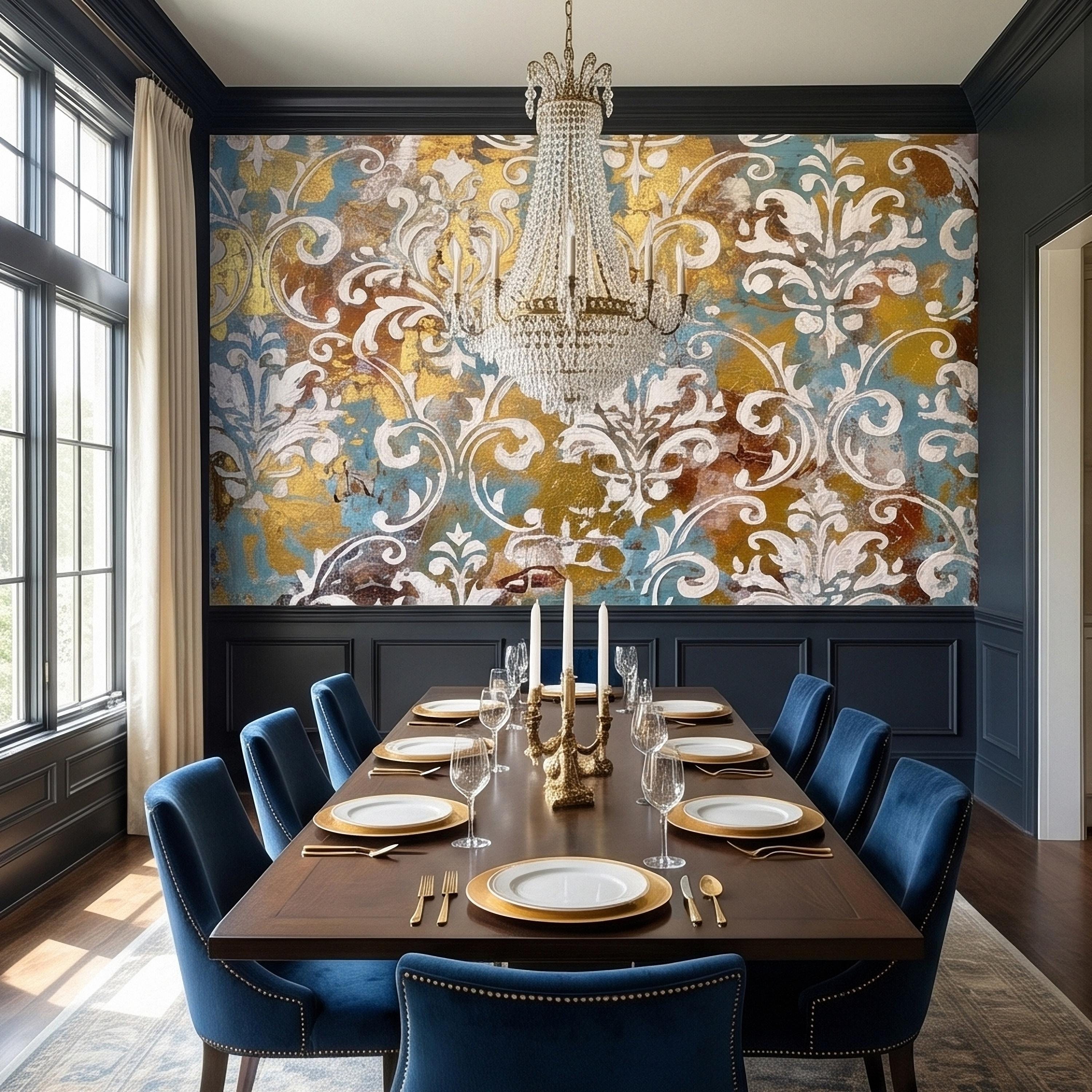 Vintage Baroque Damask Peel and Stick Wall Mural, Teal Blue Gilded Gold Leaf Ornate Scroll Pattern, Distressed Antique Style Wallpaper