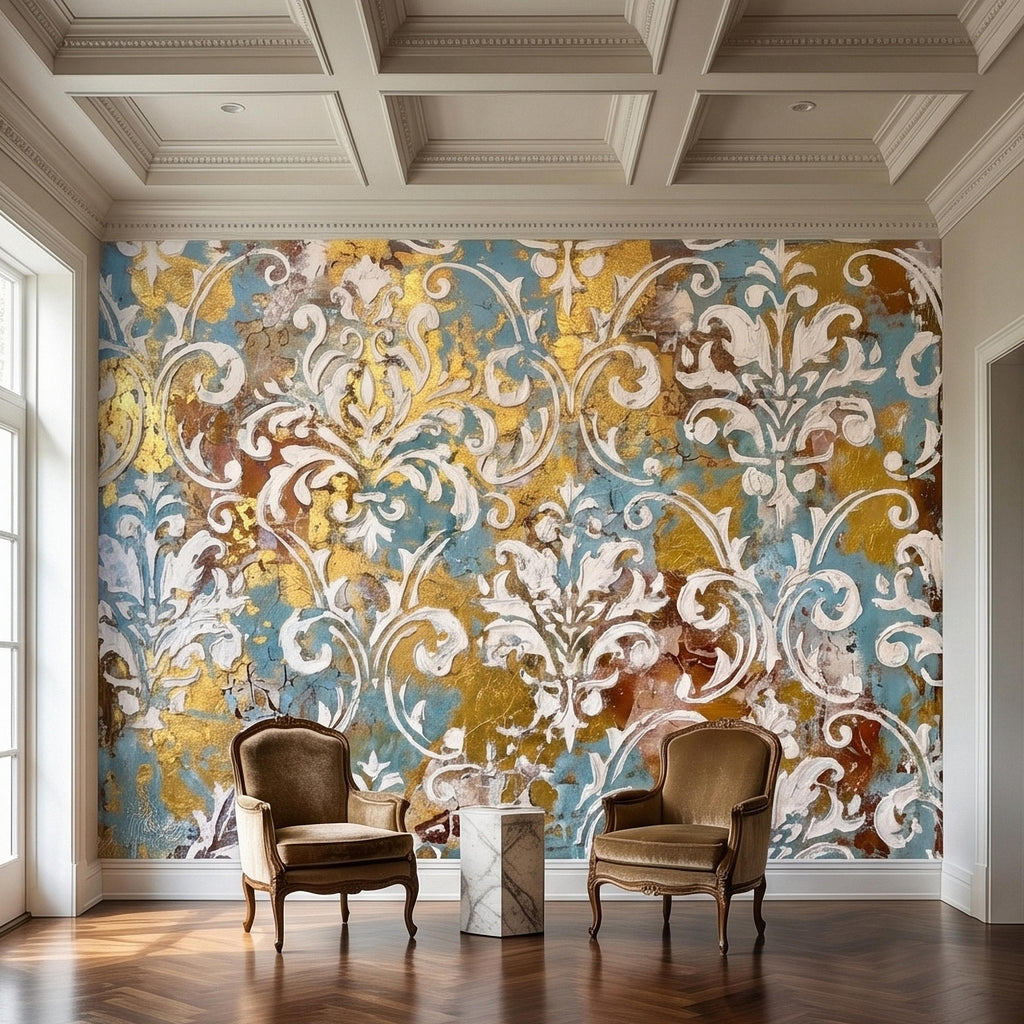 Vintage Baroque Damask Peel and Stick Wall Mural, Teal Blue Gilded Gold Leaf Ornate Scroll Pattern, Distressed Antique Style Wallpaper