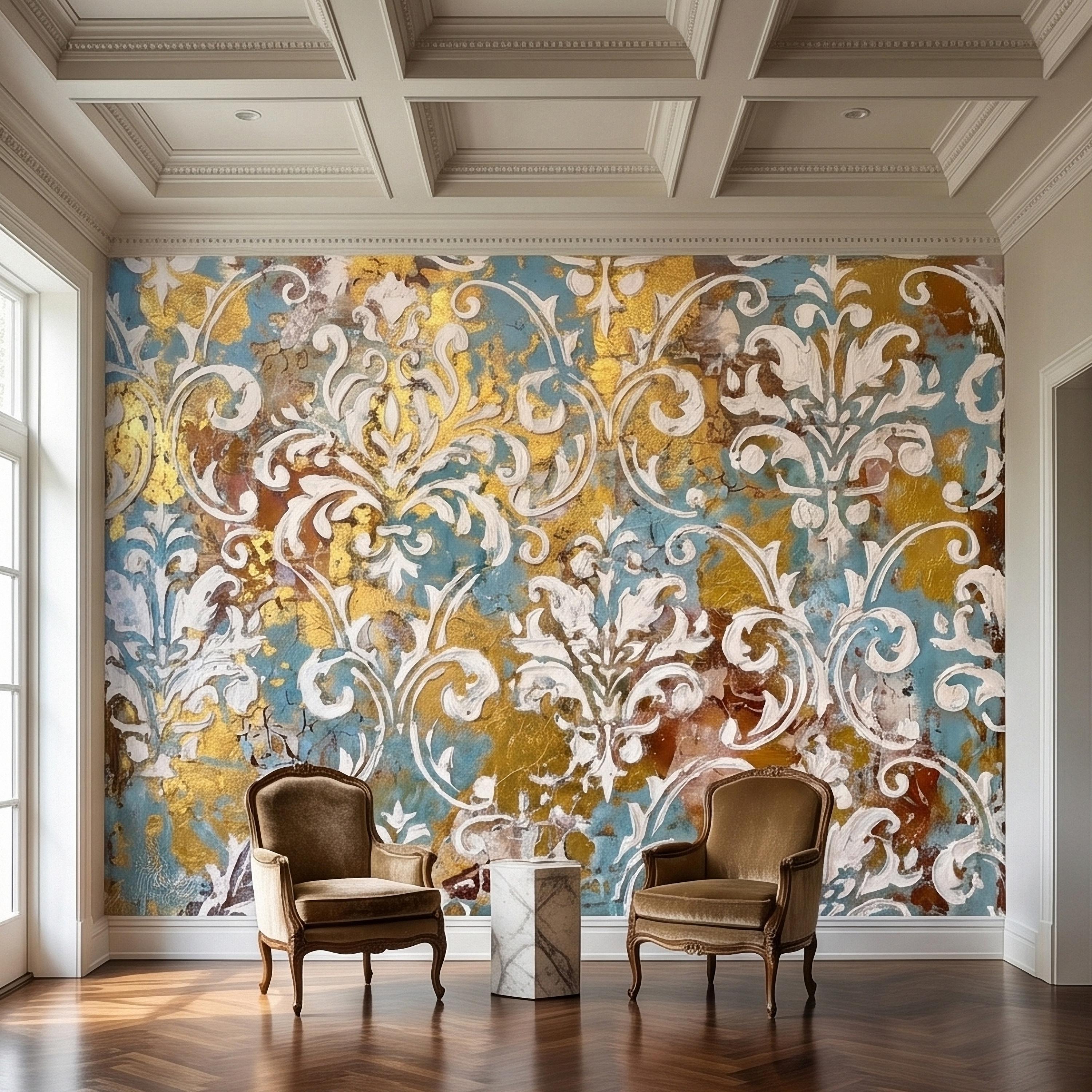 Vintage Baroque Damask Peel and Stick Wall Mural, Teal Blue Gilded Gold Leaf Ornate Scroll Pattern, Distressed Antique Style Wallpaper