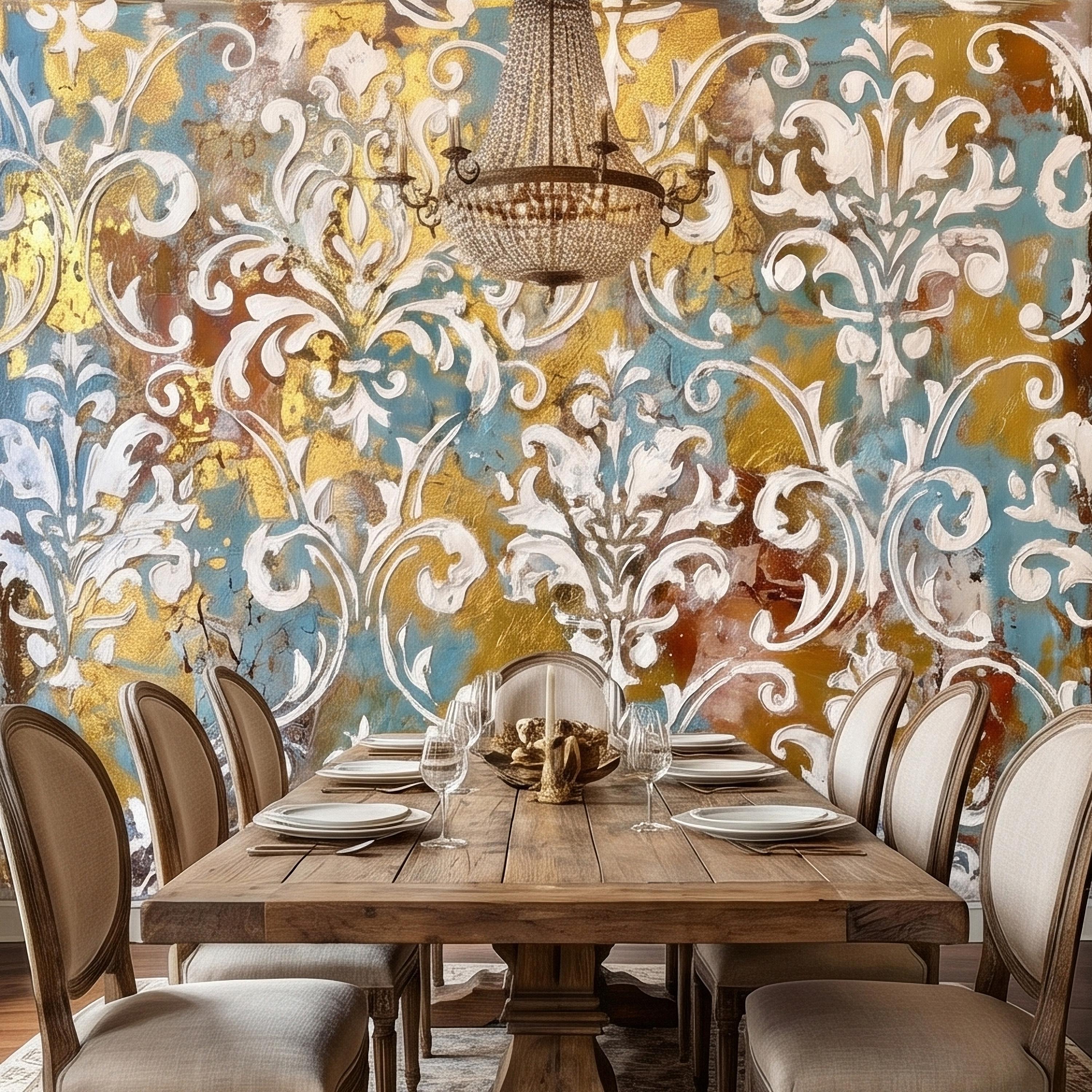 Vintage Baroque Damask Peel and Stick Wall Mural, Teal Blue Gilded Gold Leaf Ornate Scroll Pattern, Distressed Antique Style Wallpaper