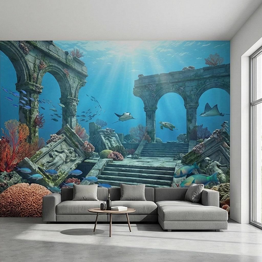 Underwater Ruins Peel and Stick Wall Mural, Ocean Reef Landscape, Sunken Temple Scenic, Tropical Sea Life Wallpaper