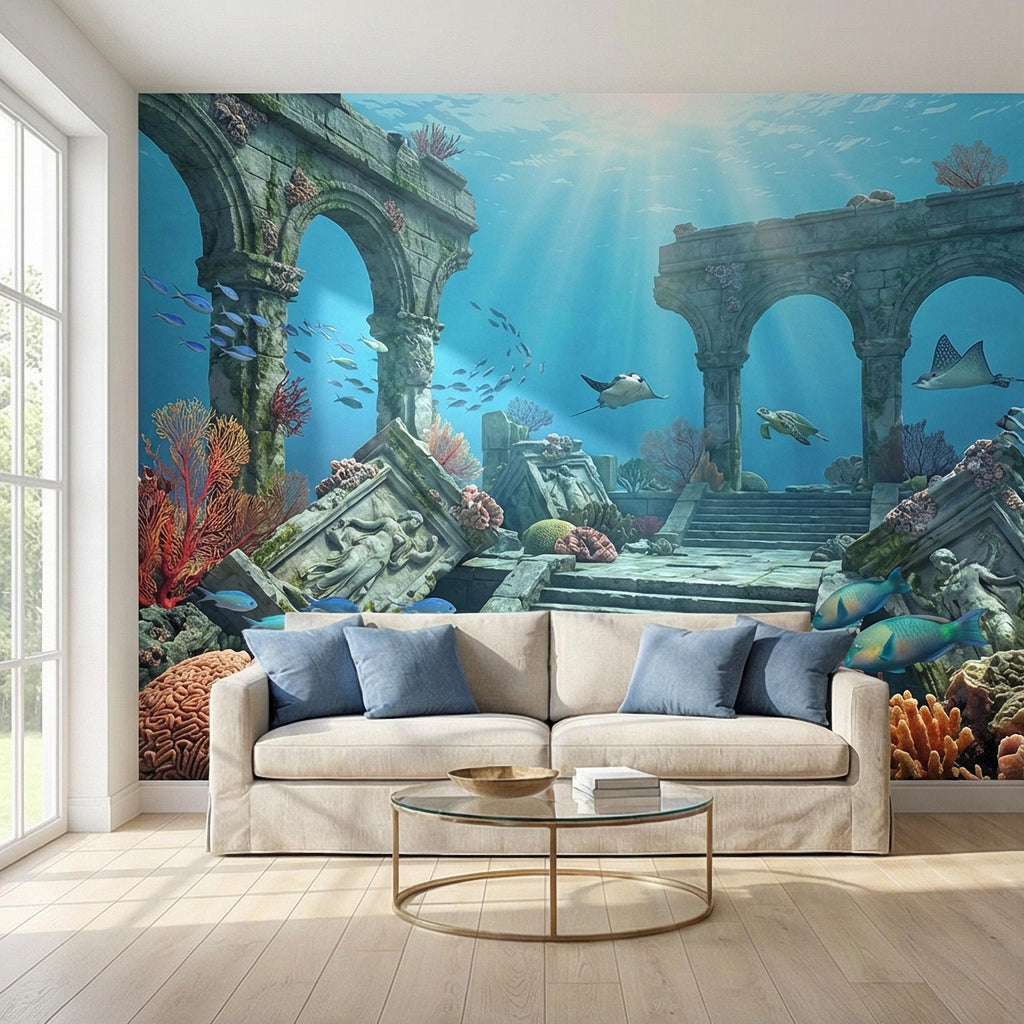 Underwater Ruins Peel and Stick Wall Mural, Ocean Reef Landscape, Sunken Temple Scenic, Tropical Sea Life Wallpaper