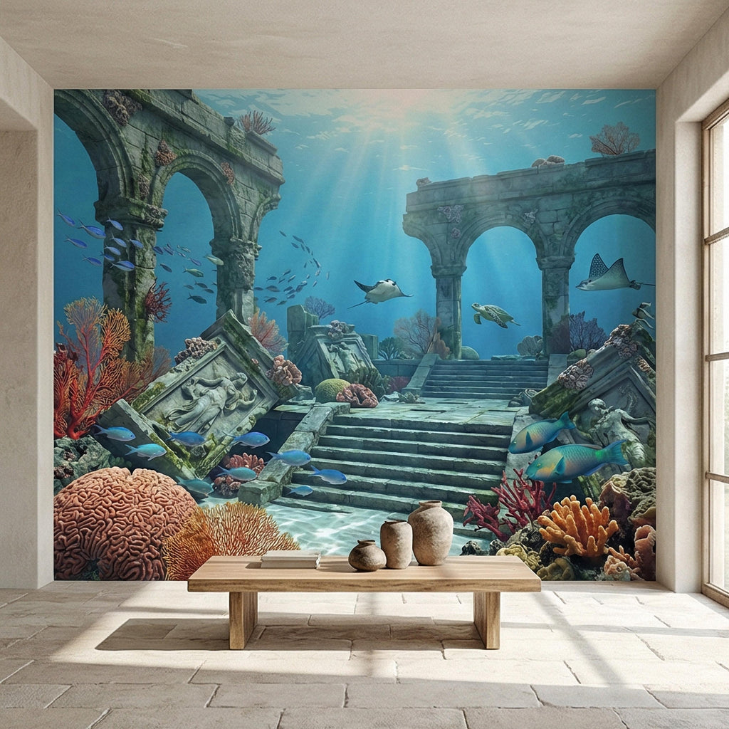 Underwater Ruins Peel and Stick Wall Mural, Ocean Reef Landscape, Sunken Temple Scenic, Tropical Sea Life Wallpaper
