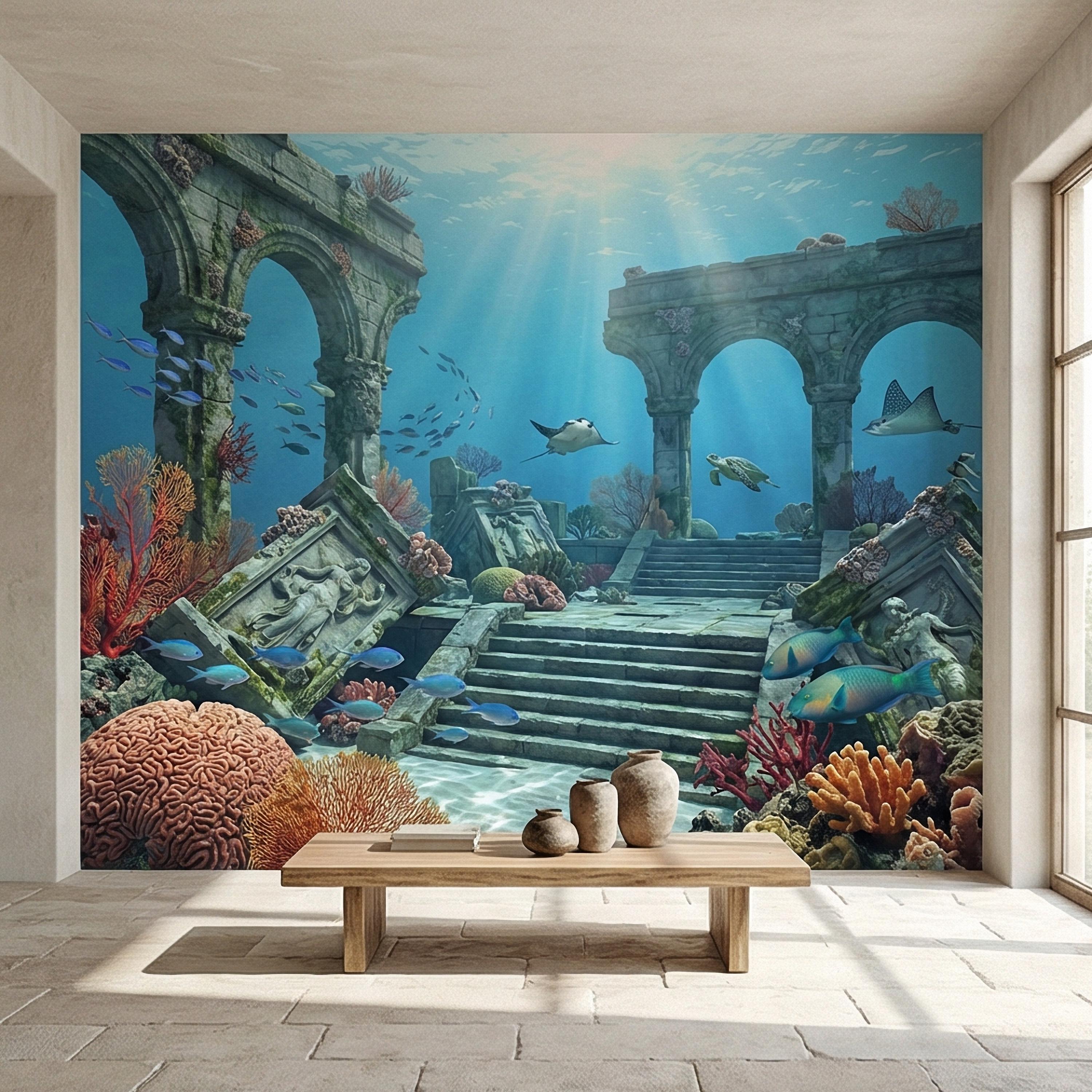 Underwater Ruins Peel and Stick Wall Mural, Ocean Reef Landscape, Sunken Temple Scenic, Tropical Sea Life Wallpaper