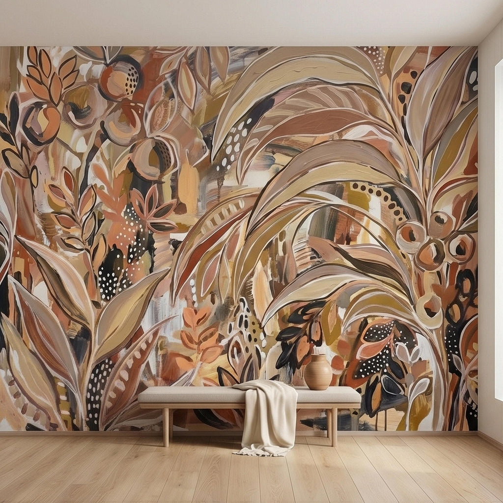 Abstract Boho Botanical Peel and Stick Wall Mural, Neutral Earthy Terracotta Beige Tropical Leaves Modern Painterly Art Minimalist Wallpaper