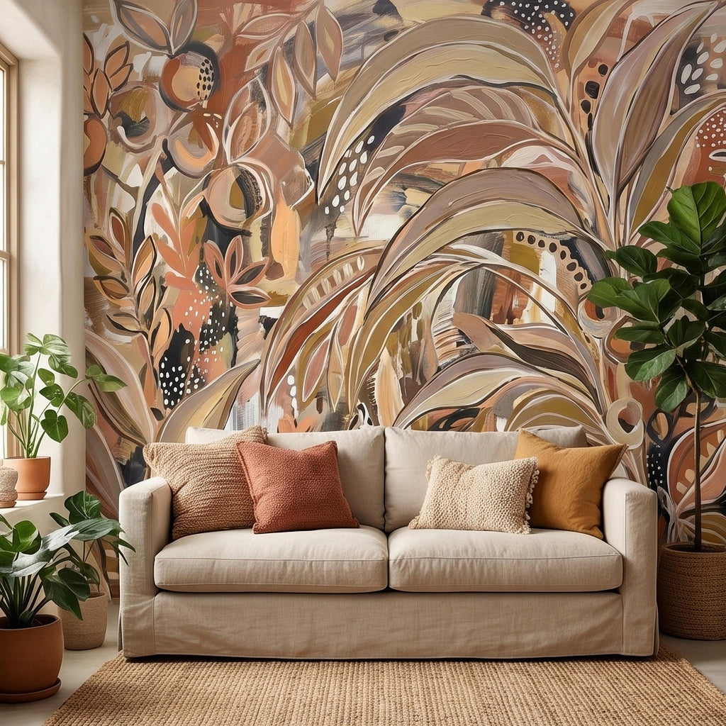 Abstract Boho Botanical Peel and Stick Wall Mural, Neutral Earthy Terracotta Beige Tropical Leaves Modern Painterly Art Minimalist Wallpaper