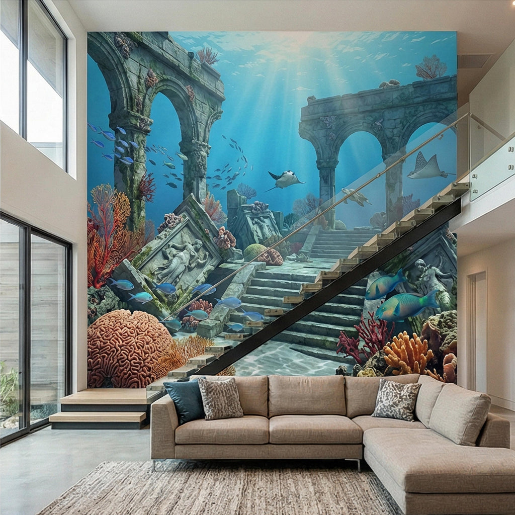 Underwater Ruins Peel and Stick Wall Mural, Ocean Reef Landscape, Sunken Temple Scenic, Tropical Sea Life Wallpaper