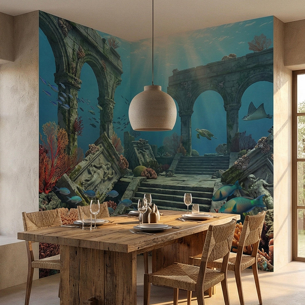 Underwater Ruins Peel and Stick Wall Mural, Ocean Reef Landscape, Sunken Temple Scenic, Tropical Sea Life Wallpaper