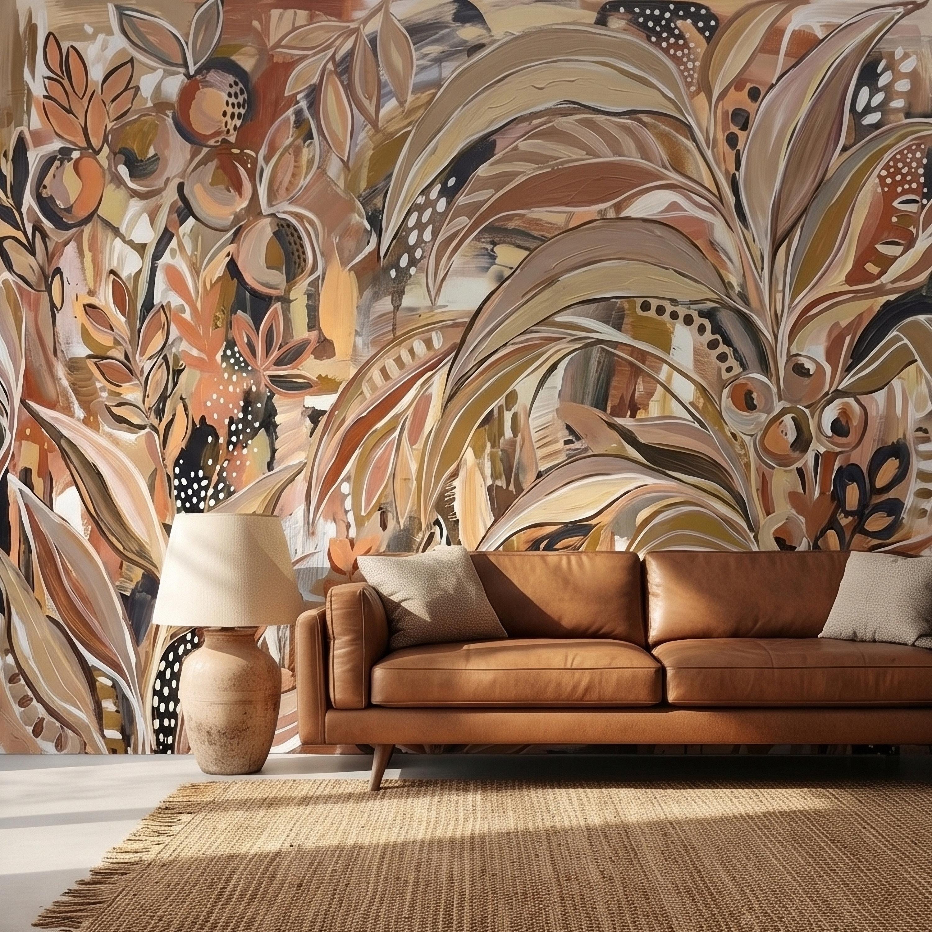 Abstract Boho Botanical Peel and Stick Wall Mural, Neutral Earthy Terracotta Beige Tropical Leaves Modern Painterly Art Minimalist Wallpaper