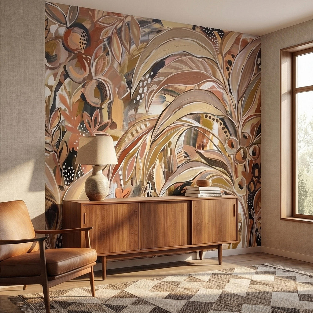 Abstract Boho Botanical Peel and Stick Wall Mural, Neutral Earthy Terracotta Beige Tropical Leaves Modern Painterly Art Minimalist Wallpaper
