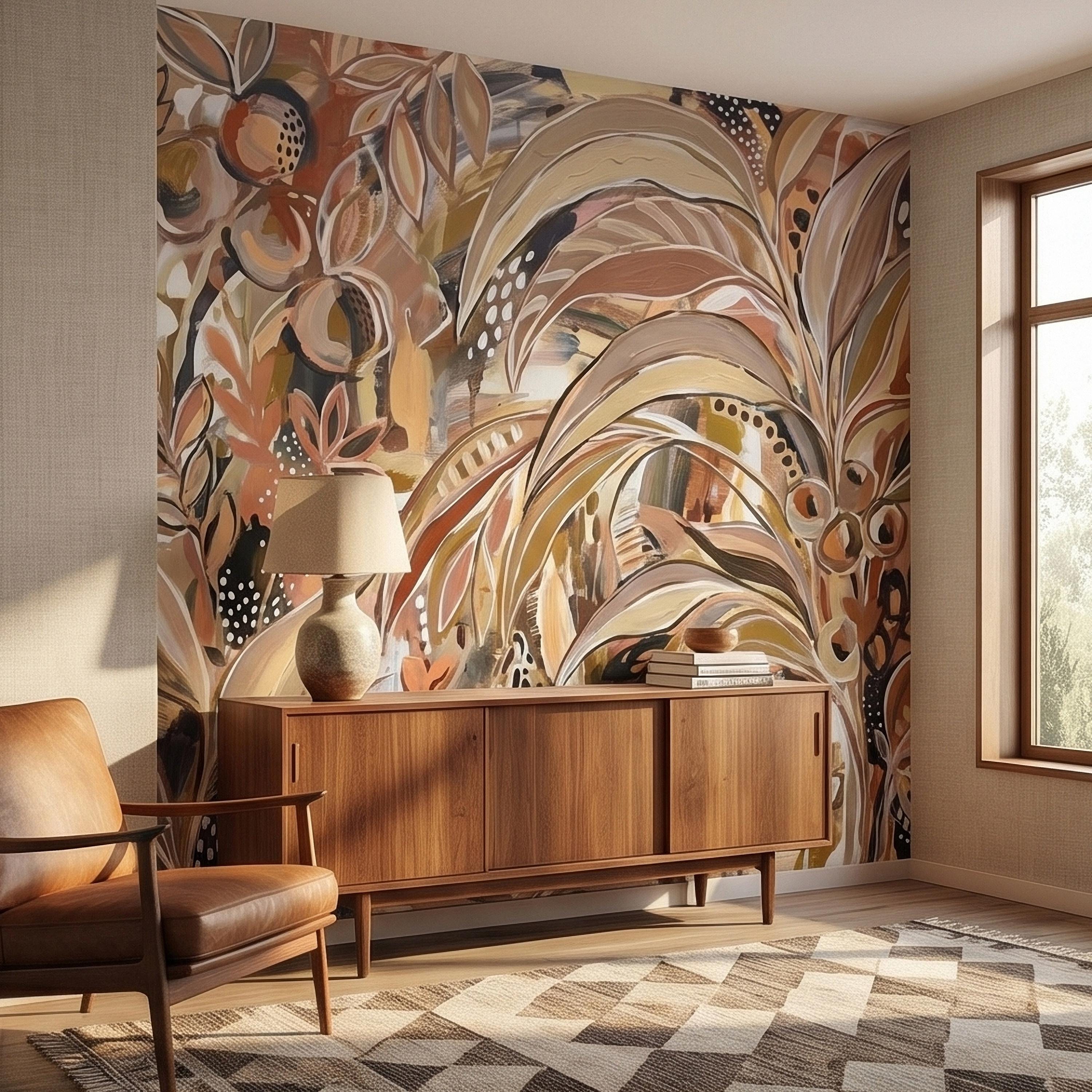 Abstract Boho Botanical Peel and Stick Wall Mural, Neutral Earthy Terracotta Beige Tropical Leaves Modern Painterly Art Minimalist Wallpaper