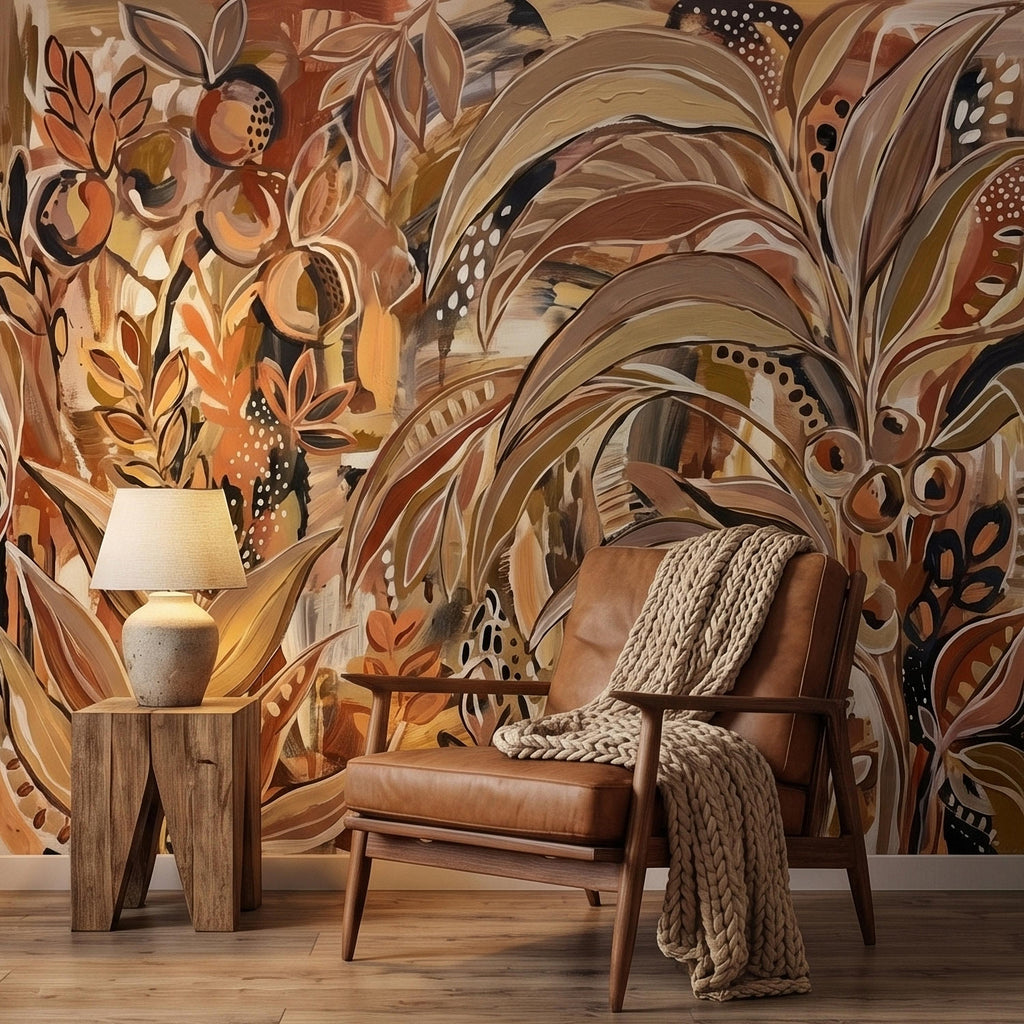 Abstract Boho Botanical Peel and Stick Wall Mural, Neutral Earthy Terracotta Beige Tropical Leaves Modern Painterly Art Minimalist Wallpaper