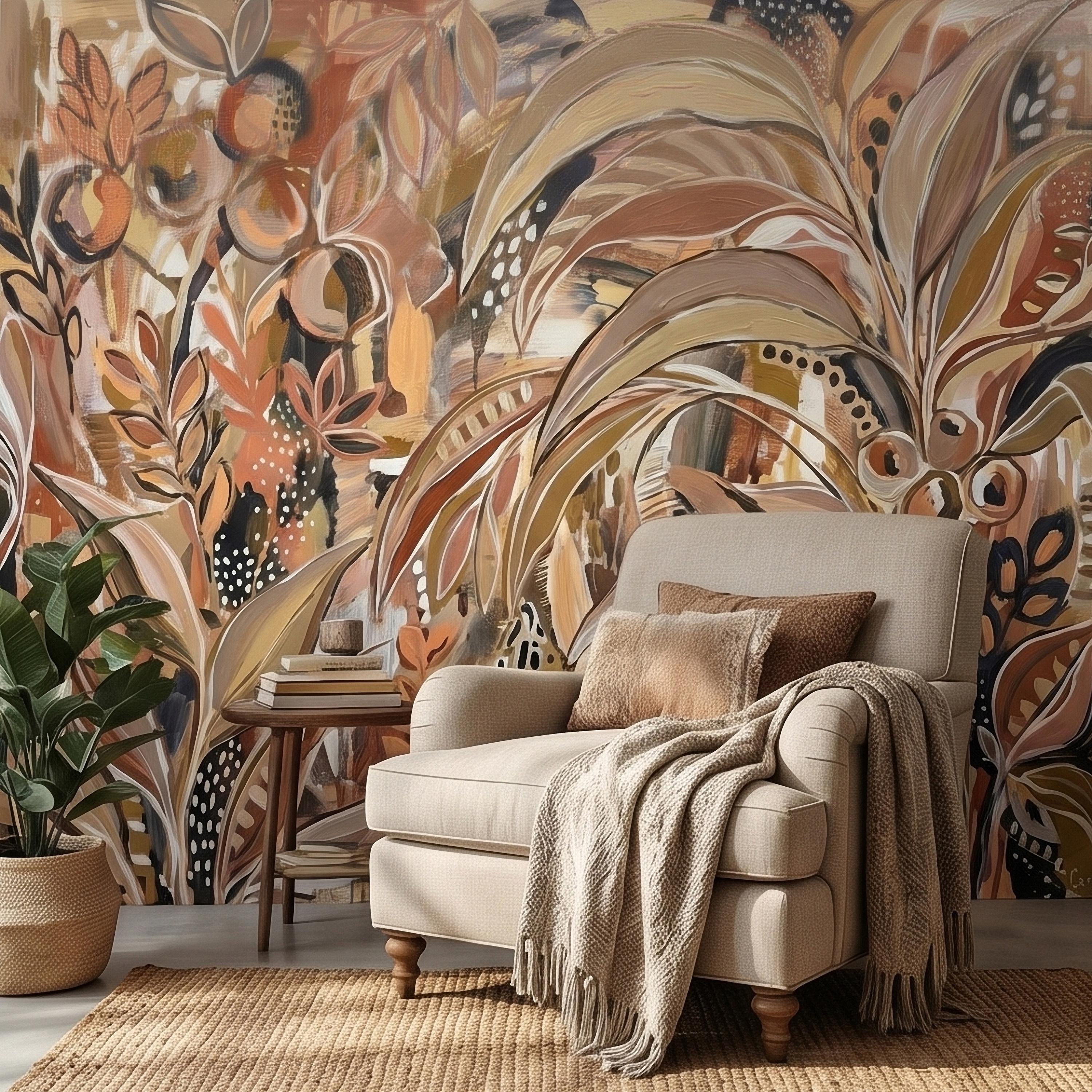 Abstract Boho Botanical Peel and Stick Wall Mural, Neutral Earthy Terracotta Beige Tropical Leaves Modern Painterly Art Minimalist Wallpaper