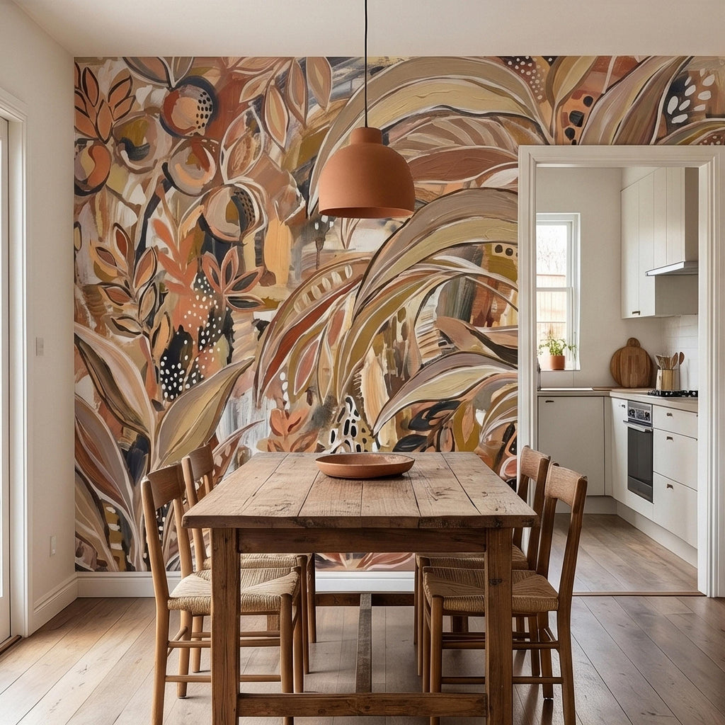 Abstract Boho Botanical Peel and Stick Wall Mural, Neutral Earthy Terracotta Beige Tropical Leaves Modern Painterly Art Minimalist Wallpaper