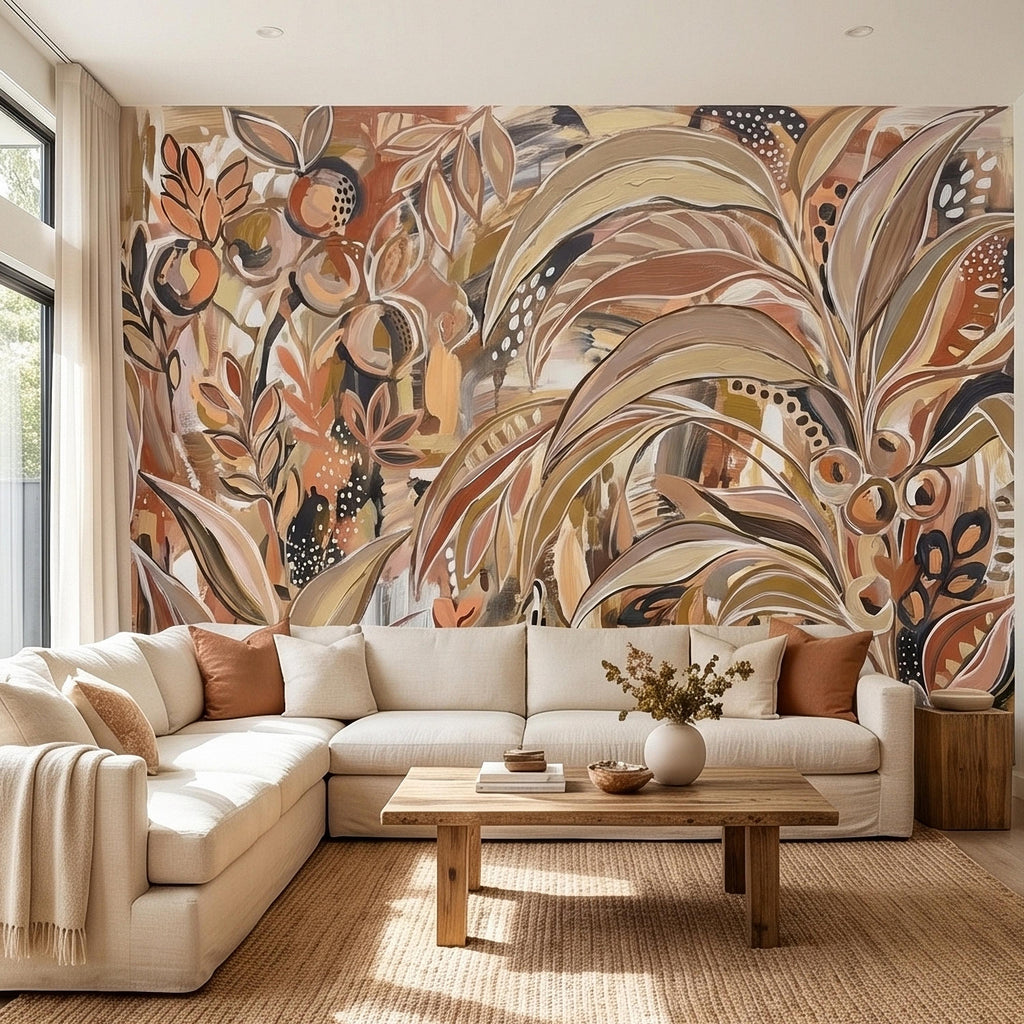 Abstract Boho Botanical Peel and Stick Wall Mural, Neutral Earthy Terracotta Beige Tropical Leaves Modern Painterly Art Minimalist Wallpaper