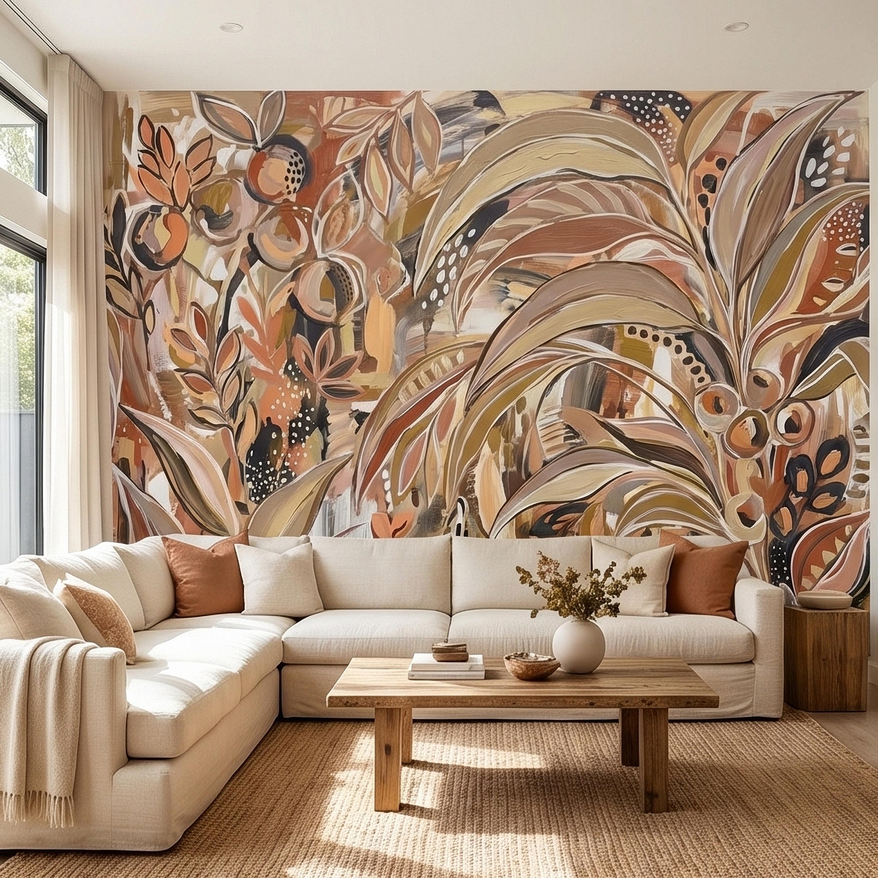 Abstract Boho Botanical Peel and Stick Wall Mural, Neutral Earthy Terracotta Beige Tropical Leaves Modern Painterly Art Minimalist Wallpaper