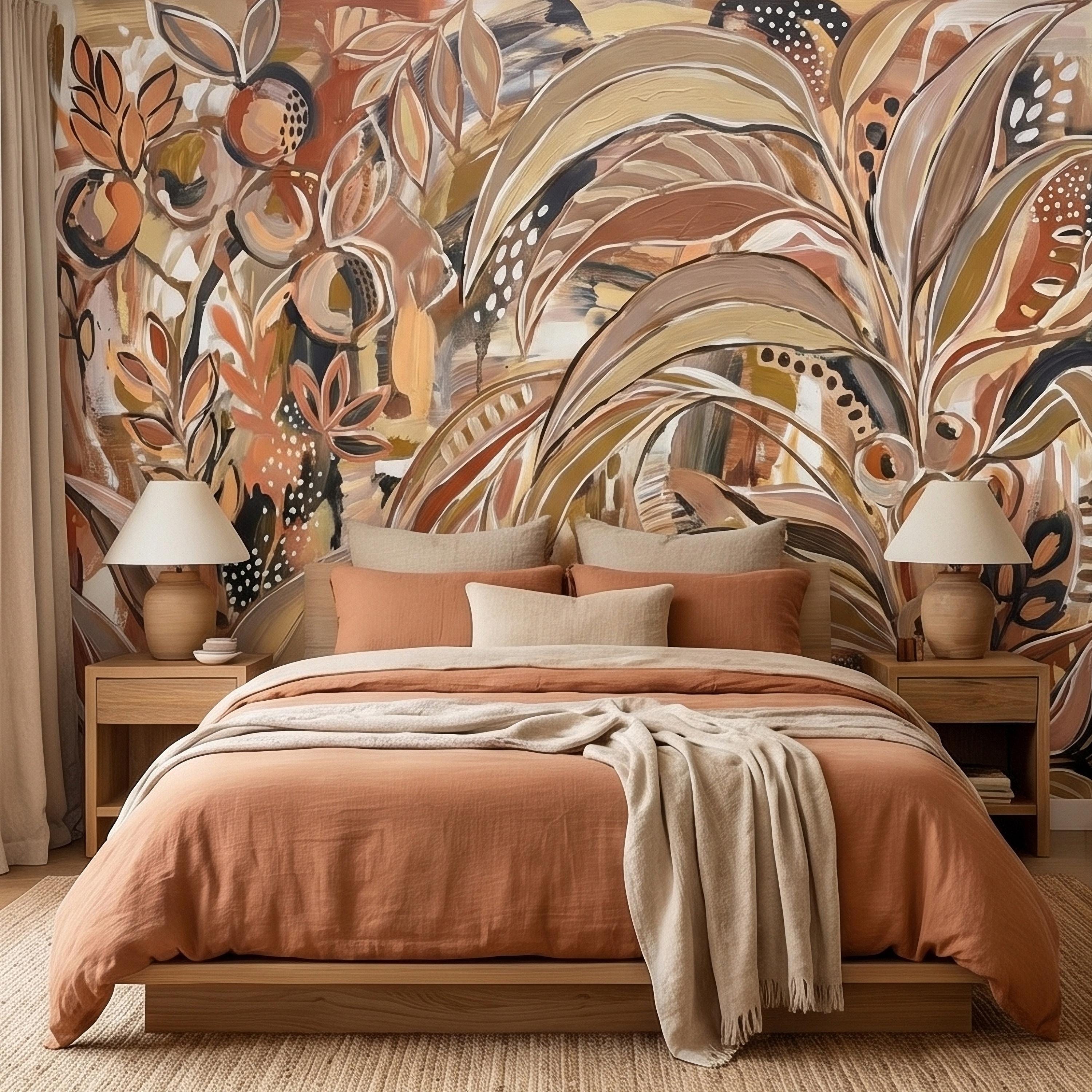 Abstract Boho Botanical Peel and Stick Wall Mural, Neutral Earthy Terracotta Beige Tropical Leaves Modern Painterly Art Minimalist Wallpaper