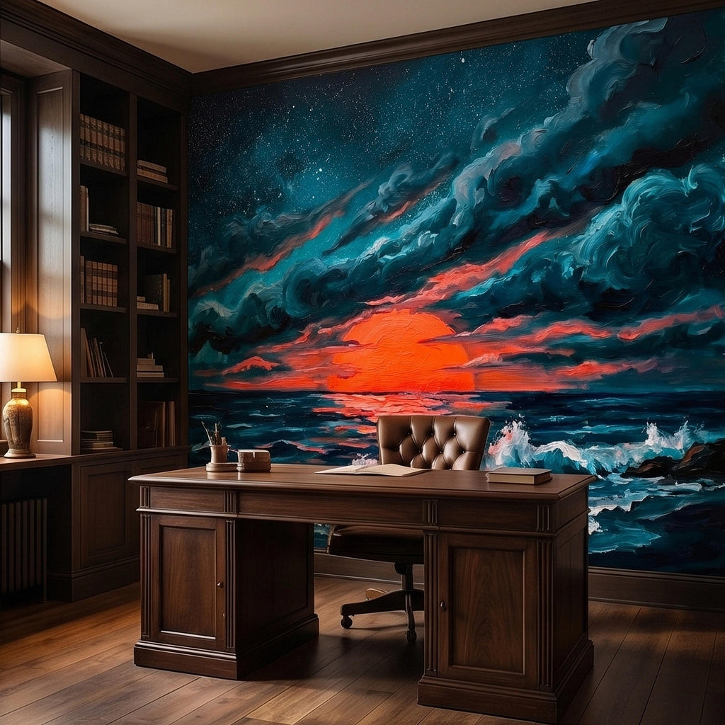 Dramatic Ocean Sunset Seascape Peel and Stick Wall Mural Teal Midnight Waves Moody Starry Sky Red Sun Horizon Oil Painting Coastal Wallpaper