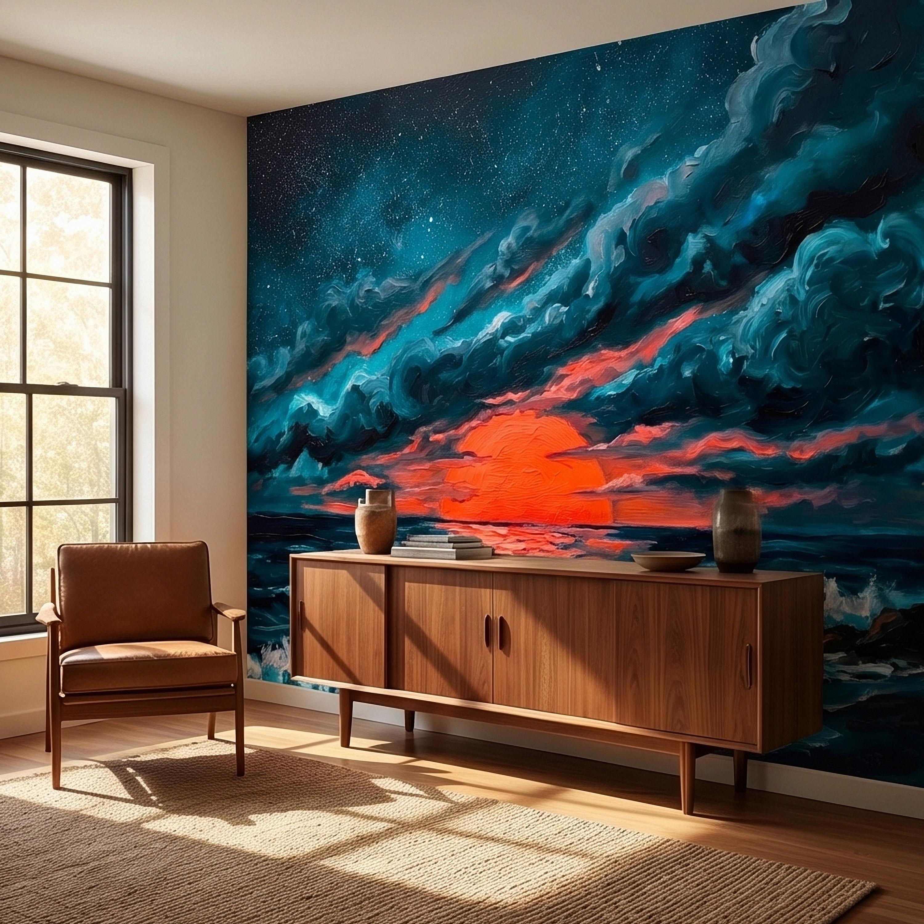 Dramatic Ocean Sunset Seascape Peel and Stick Wall Mural Teal Midnight Waves Moody Starry Sky Red Sun Horizon Oil Painting Coastal Wallpaper